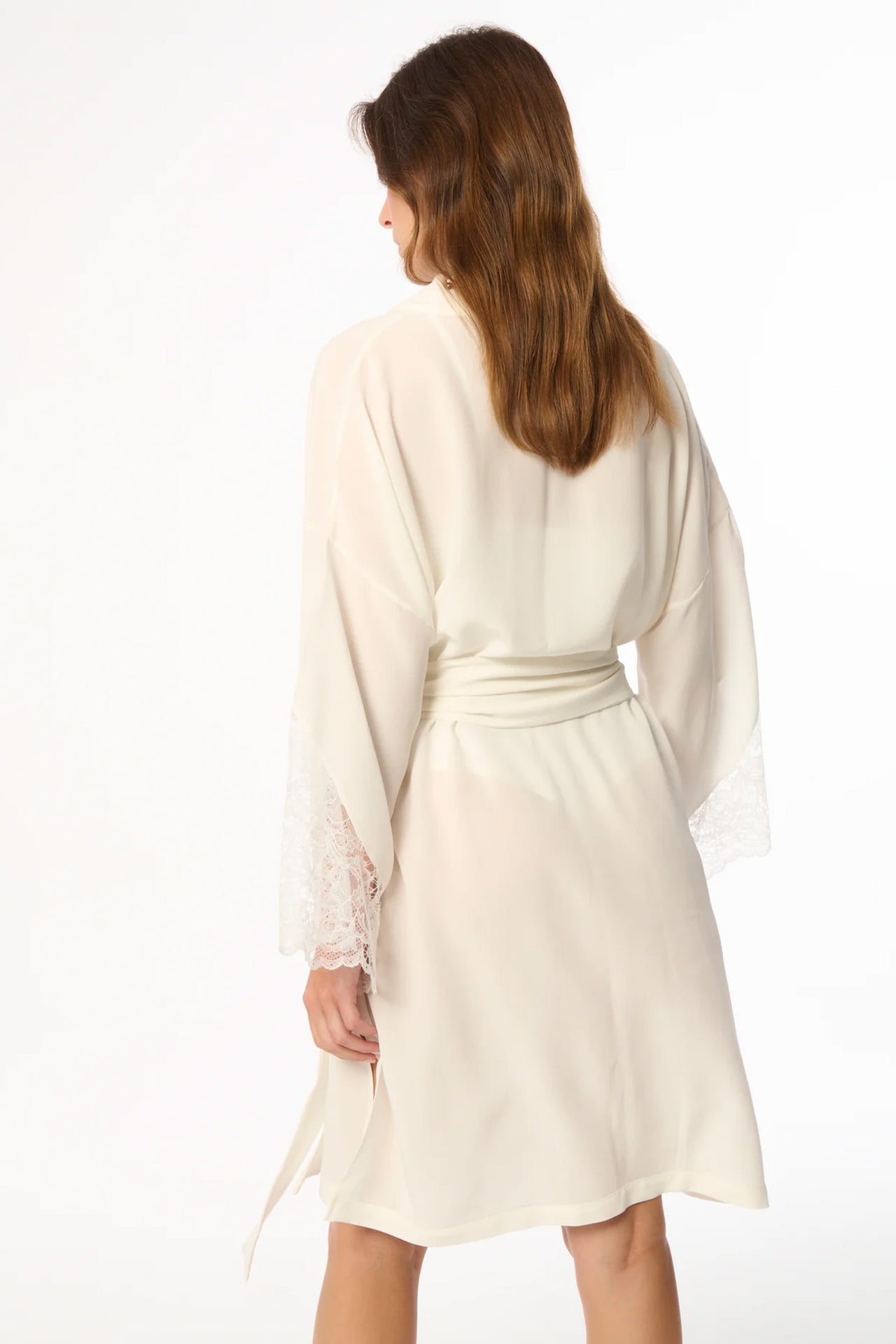 Else Jasmine silk and lace robe in ivory white, front view on model