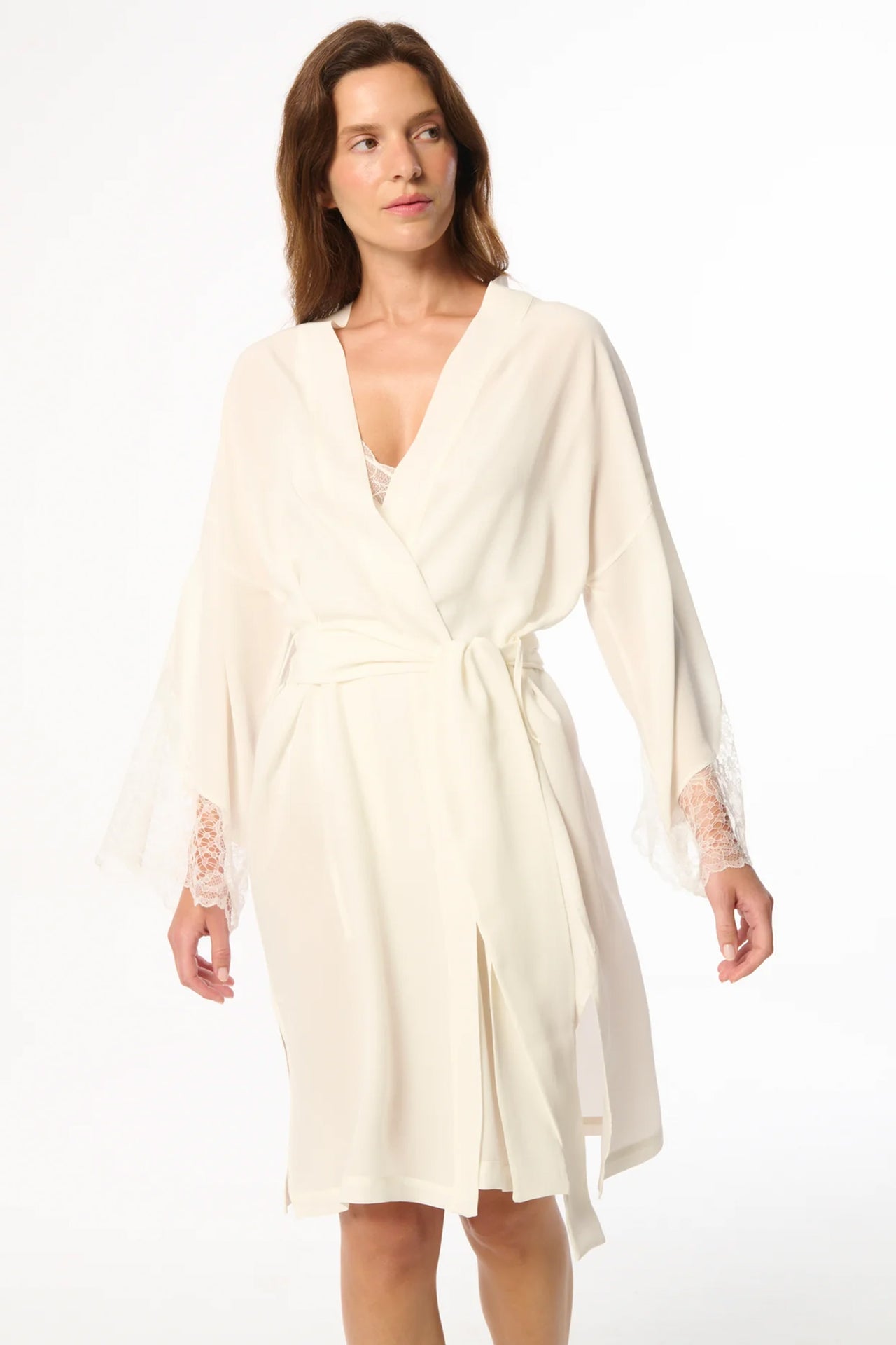 Else Jasmine silk and lace robe in ivory white, front view on model