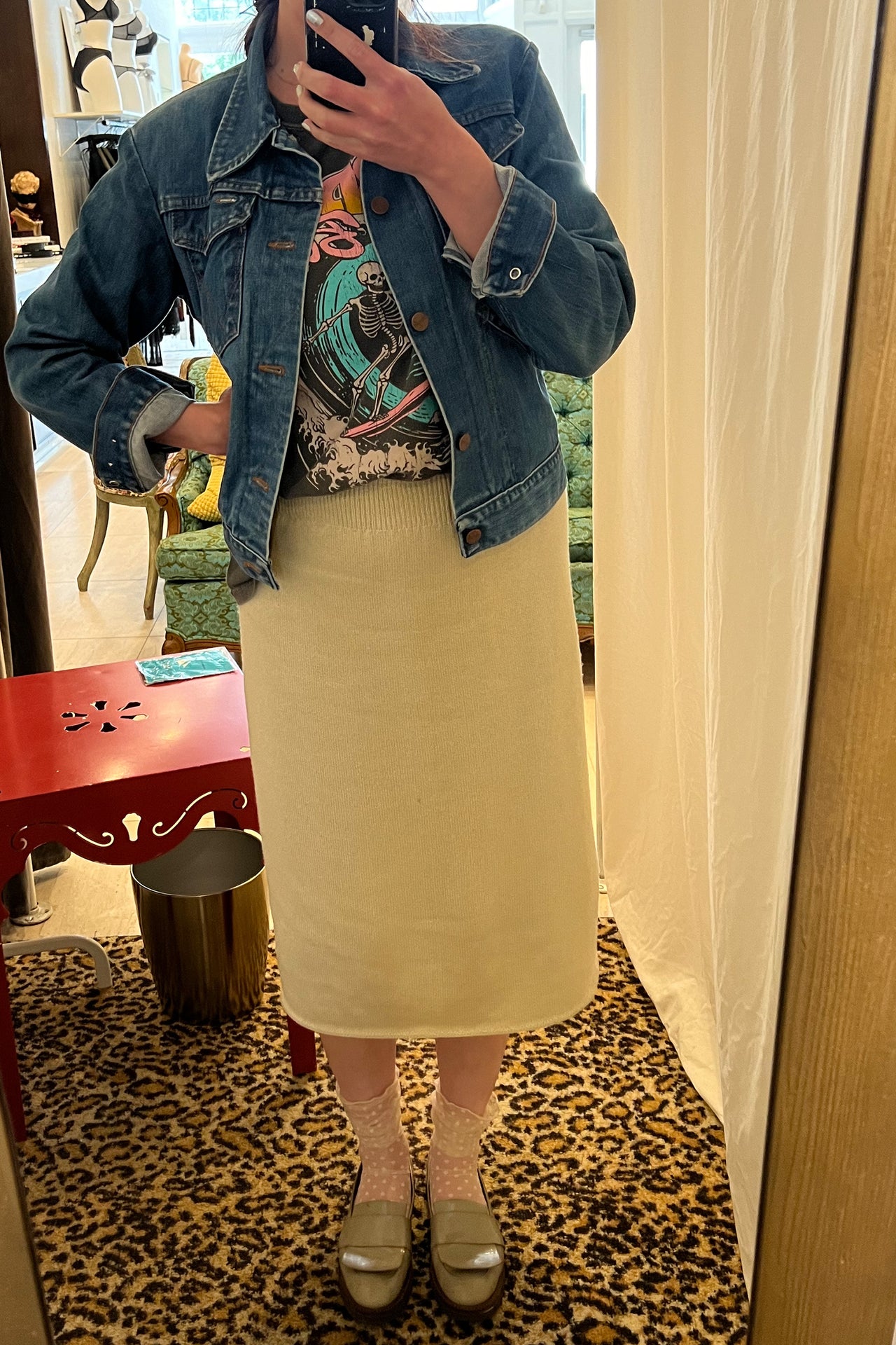 Only Hearts Coucou Lola ankle socks in light pink/beige tinted, front view shown on model. Image shows socks pulled up almost to the knee, the polka dot mesh, and rolled edge hem.