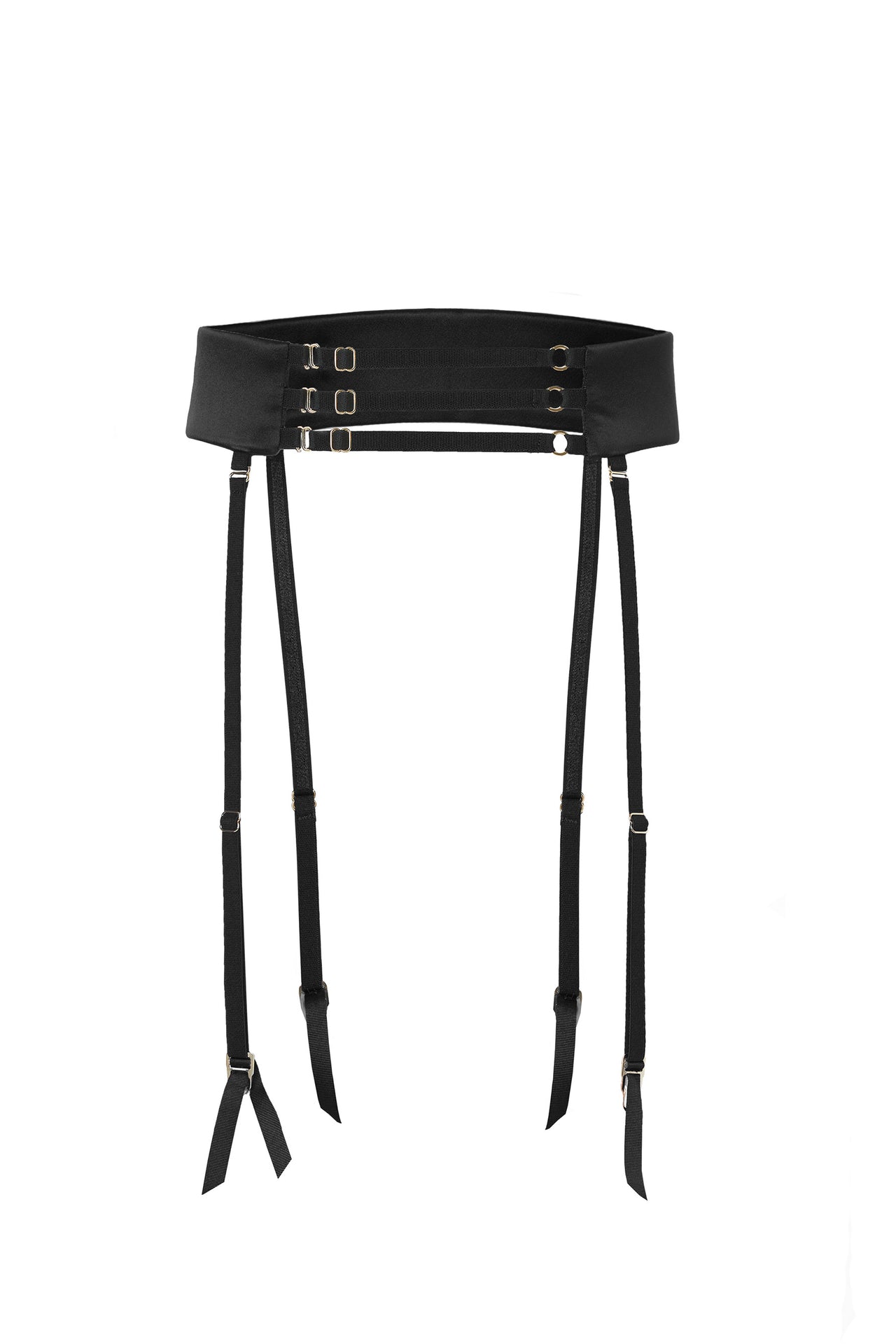 Murmur Secure Garter Belt in black satin, front view on white background. Image shows the wide satin belt with black elastic straps across the back and suspender style straps and hardware on center front. Four removable and adjustable suspender straps are shown. Gold toned hardware throughout.