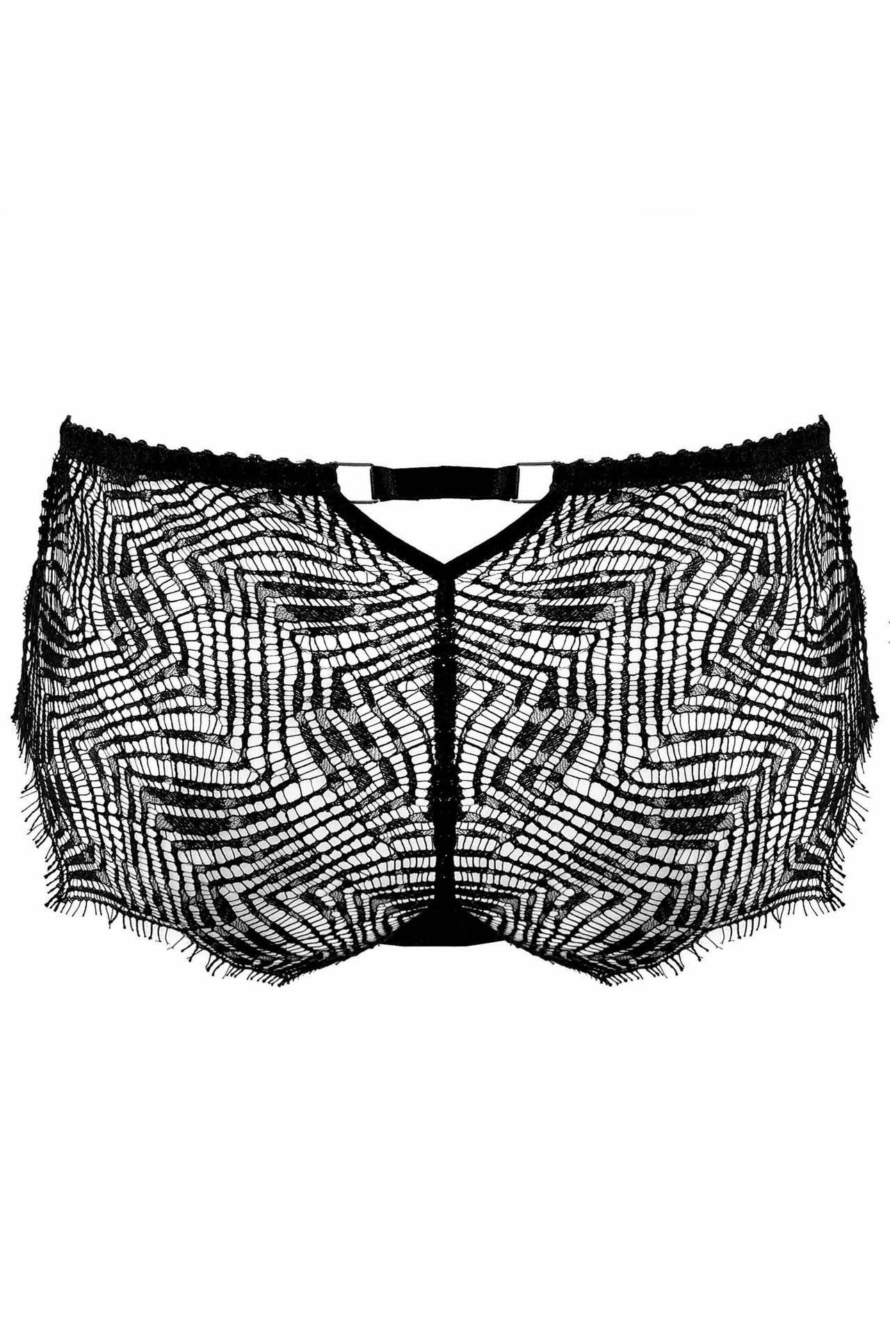 Paloma Casile Eugenie lace boyshorts/tap pants in black, front view on plain white background. Image shows the abstract foliage eyelash lace and mid rise waistline.