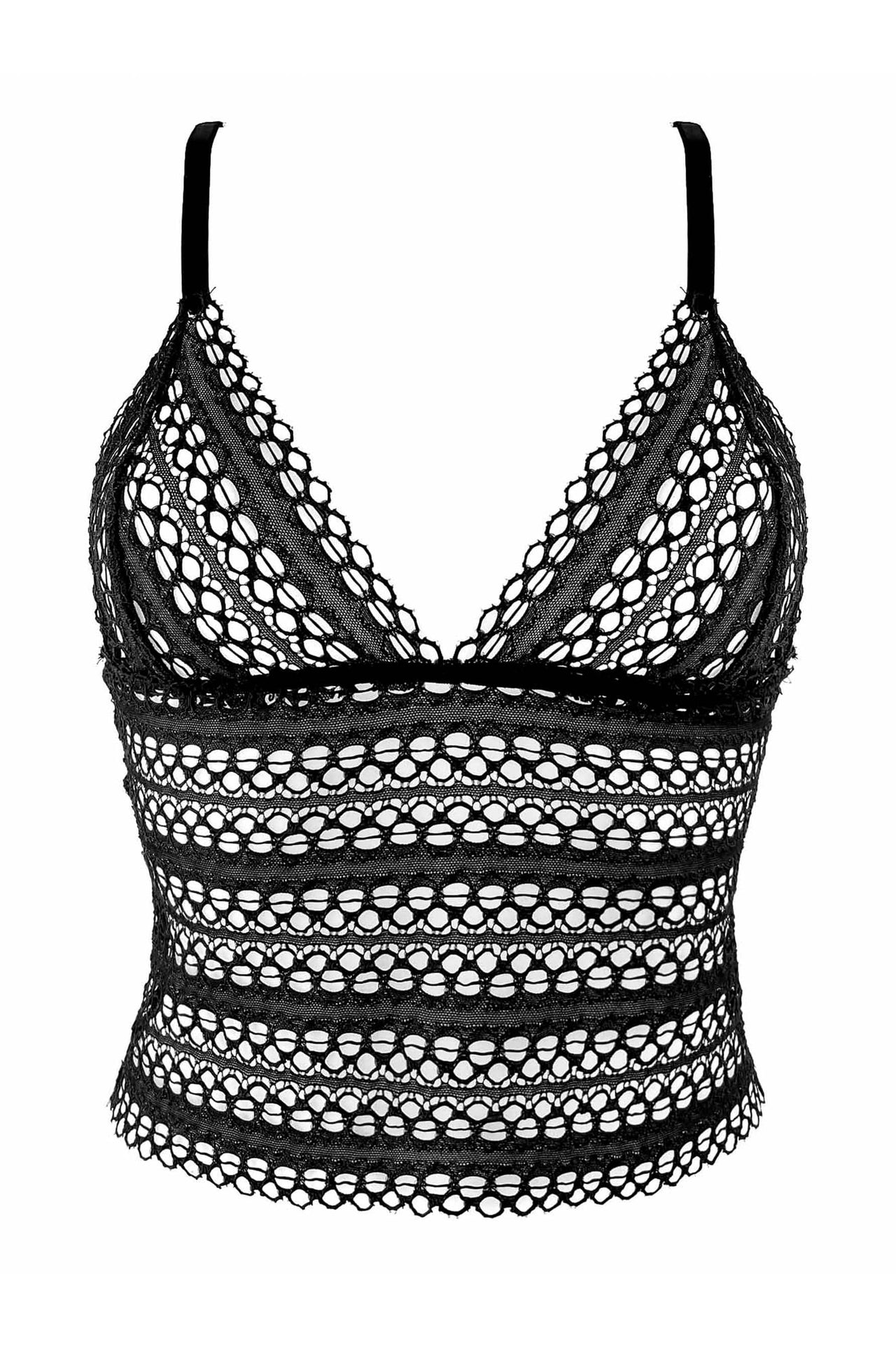 Paloma Casile La Nuit Kat eyelet lace camisole in black, front view on model. Triangle cups, spaghetti straps, cropped waistline. Shown with matching boyshort high waist briefs.