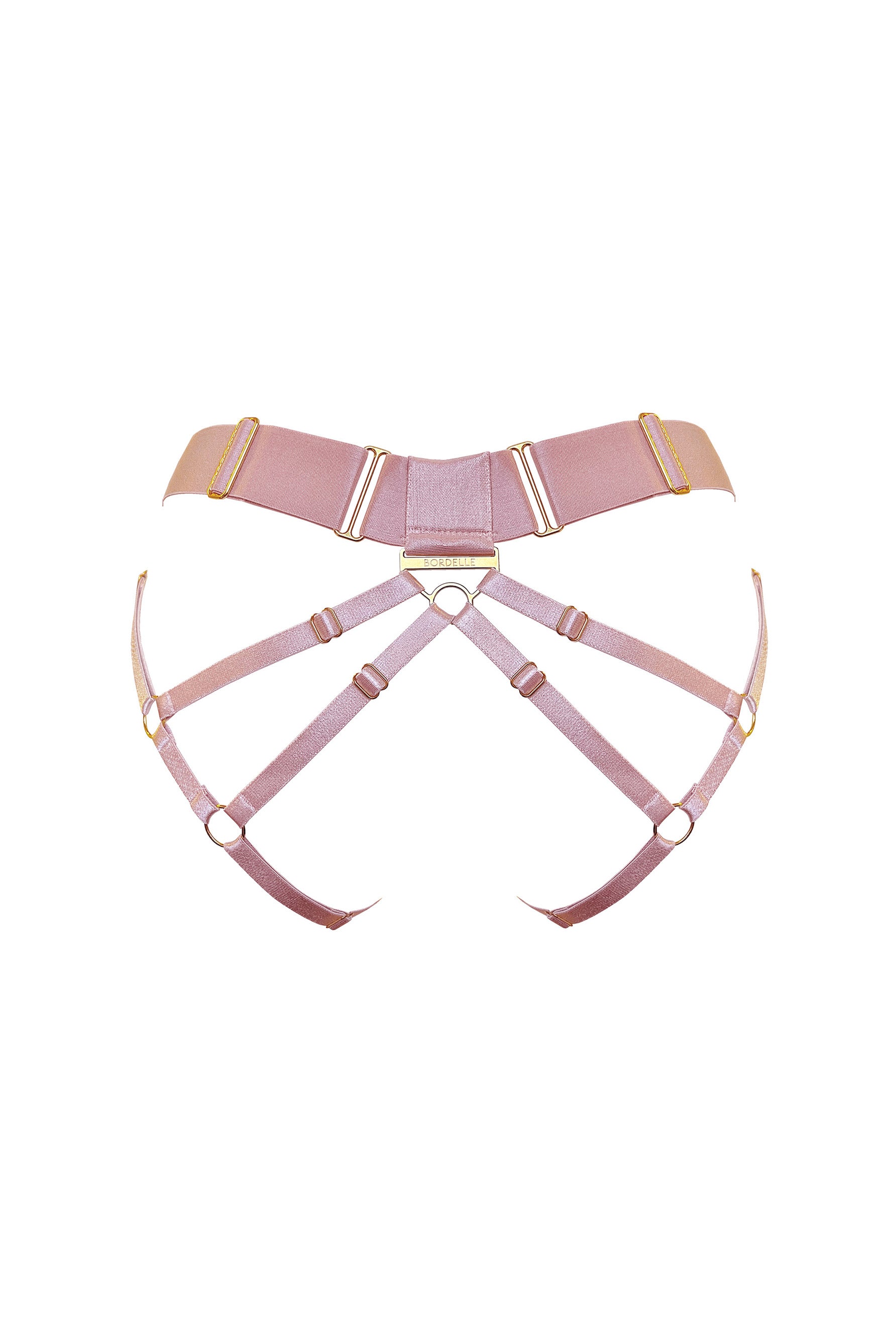 Bordelle Cubism open back brief in light pink rose, back view on plain white background showing adjustable wide elastic hip strap, narrow elastic back and bottom straps, and triangle branded hardware at center. 