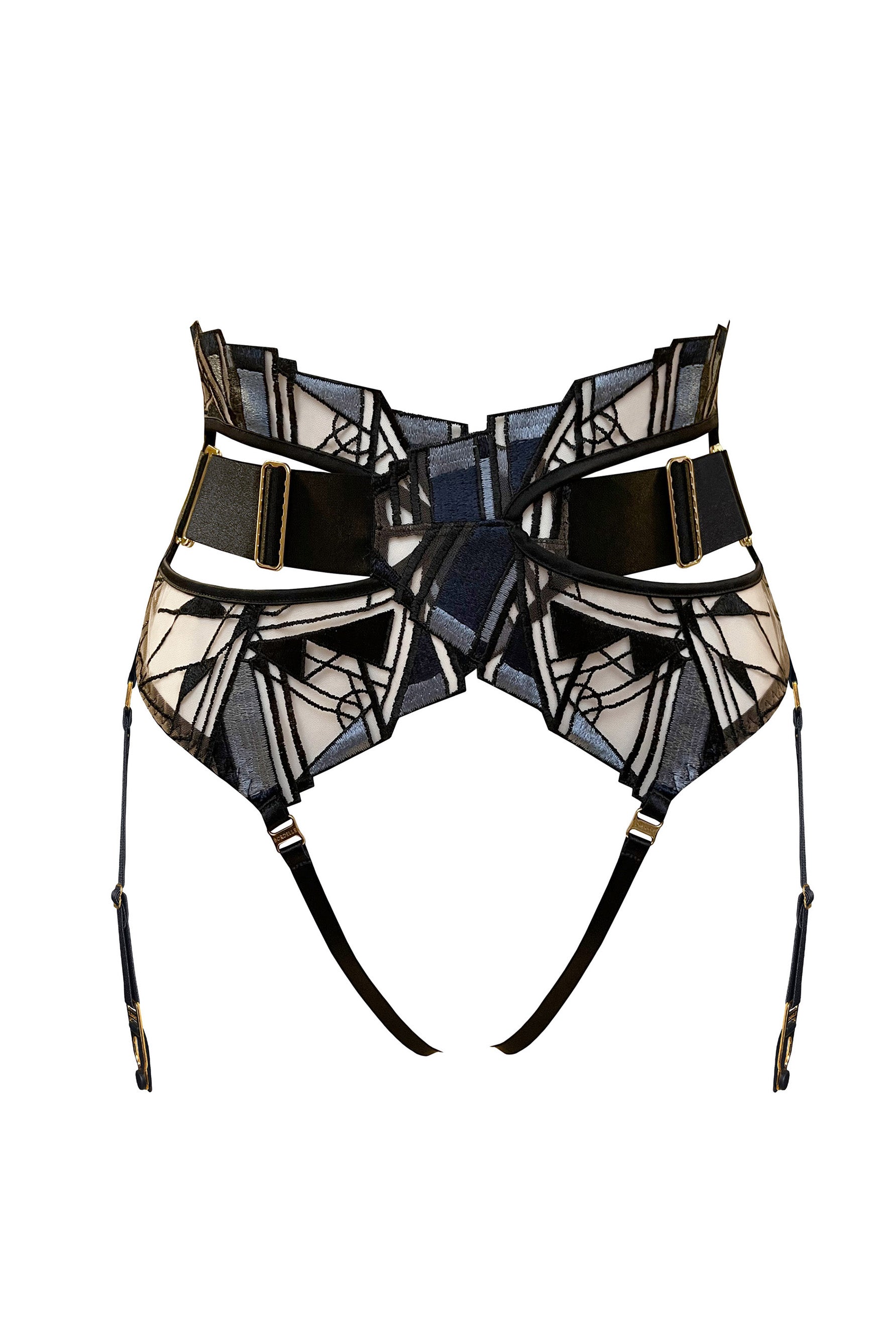 Bordelle Cubism ouvert harness brief in black, navy and icy blue, front view on plain white background. Image shows the wide elastic wrap around waist with embroidered tulle panels, elastic open bottom gusset, with the removable suspender straps attached. 