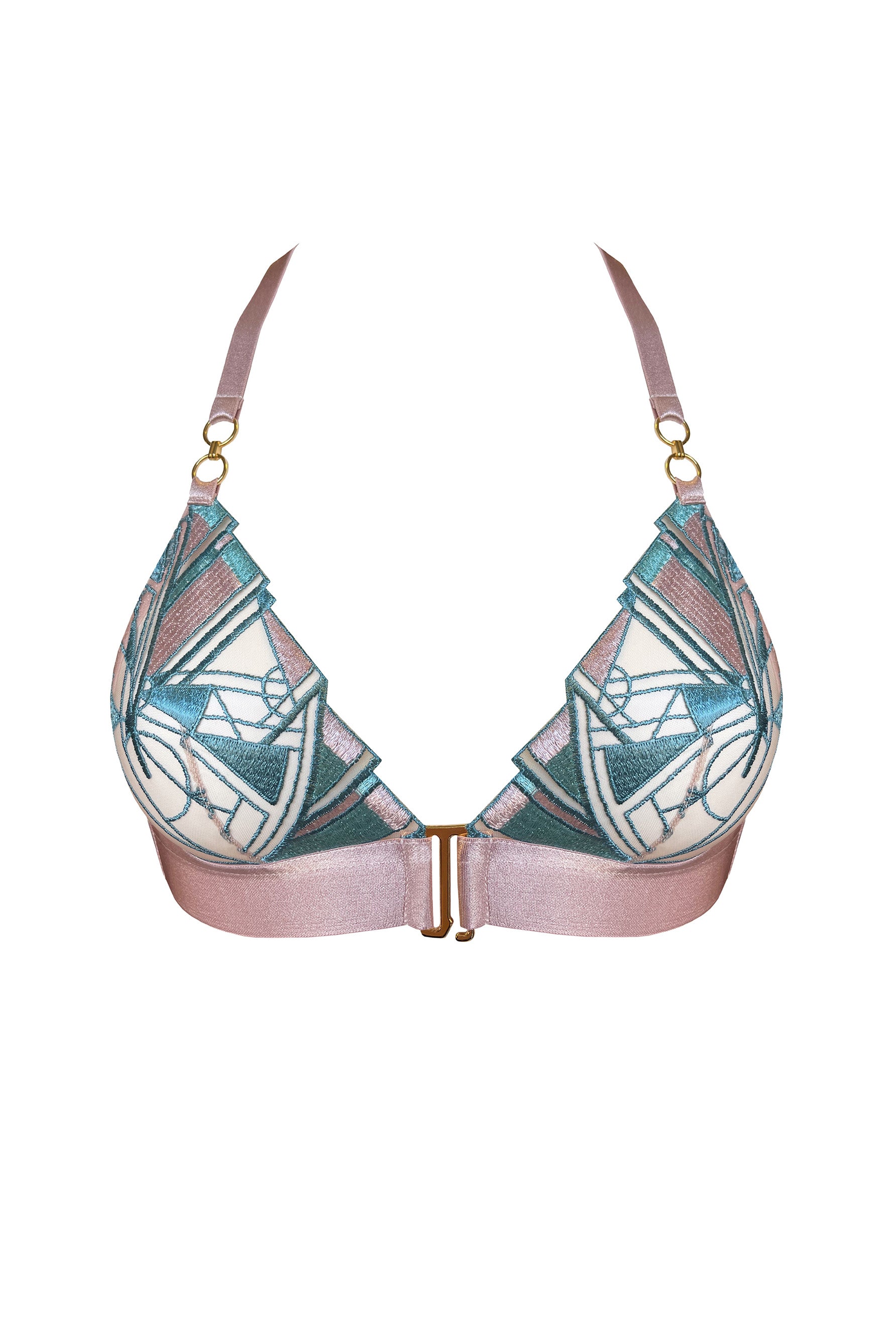 Bordelle Cubism triangle bra in rose, front view on plain white background. Image shows light pink elastic shoulder and band straps, front closure, wireless cups with art deco geometric pink and teal blue embroidery 