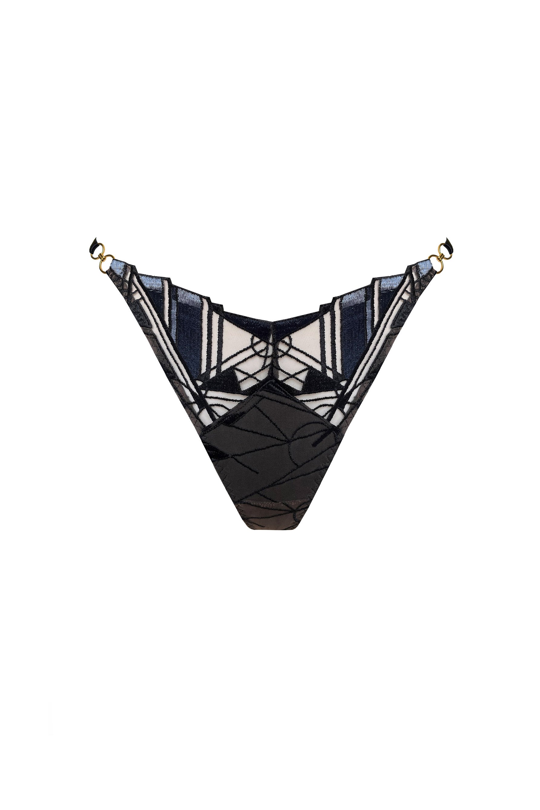 Bordelle Cubism thong in black, navy, and ice blue geometric embroidered tule, front view shown flat on plain white background. Image shows the gentle v-shaped waistline, gold rings on hips, and cotton lined gusset.