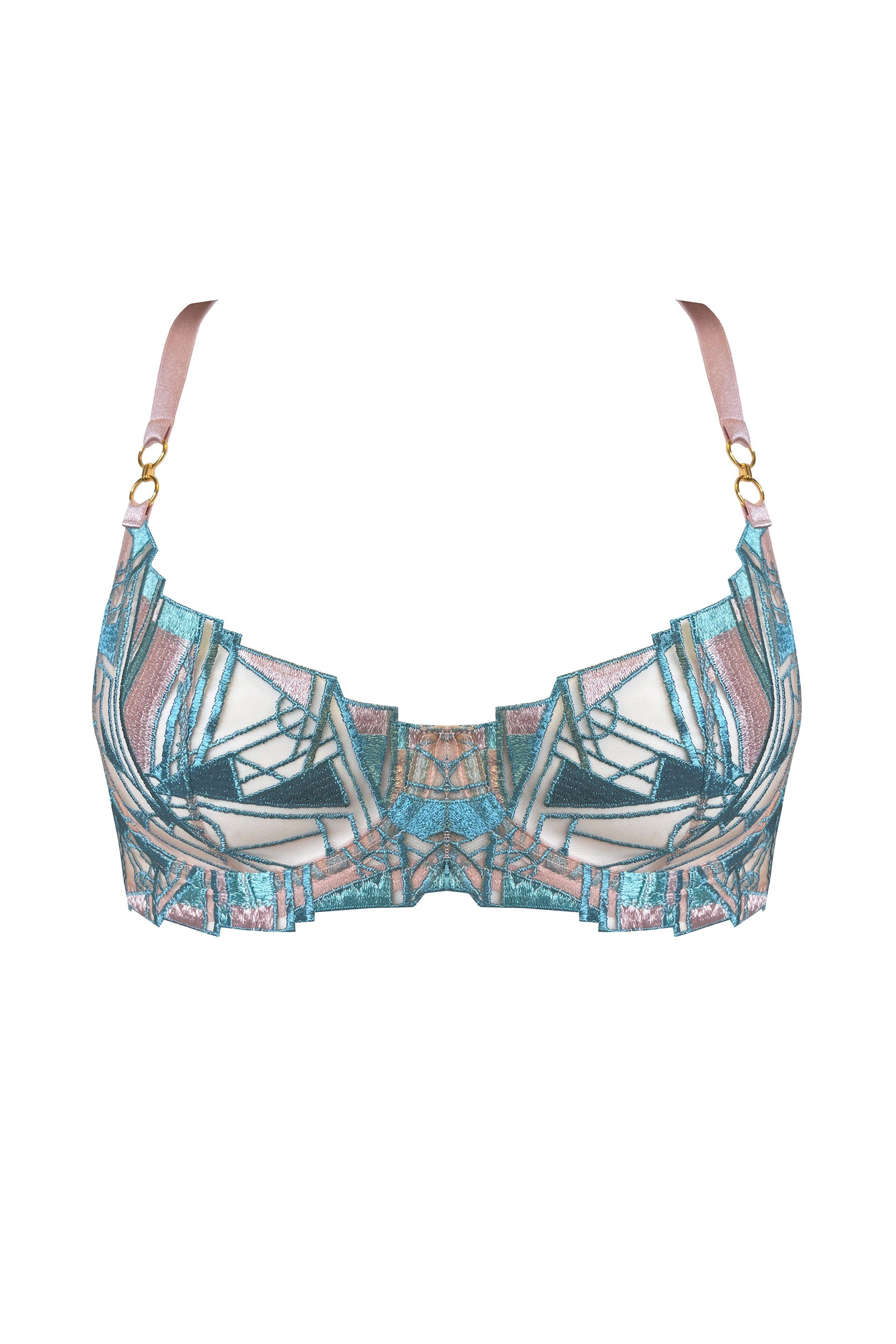 Bordelle Cubism underwire bra in rose pink and ocean blues. Front view on plain white background showing geometric embroidery and pink satin elastic shoulder straps attached with 24k gold plated hardware.