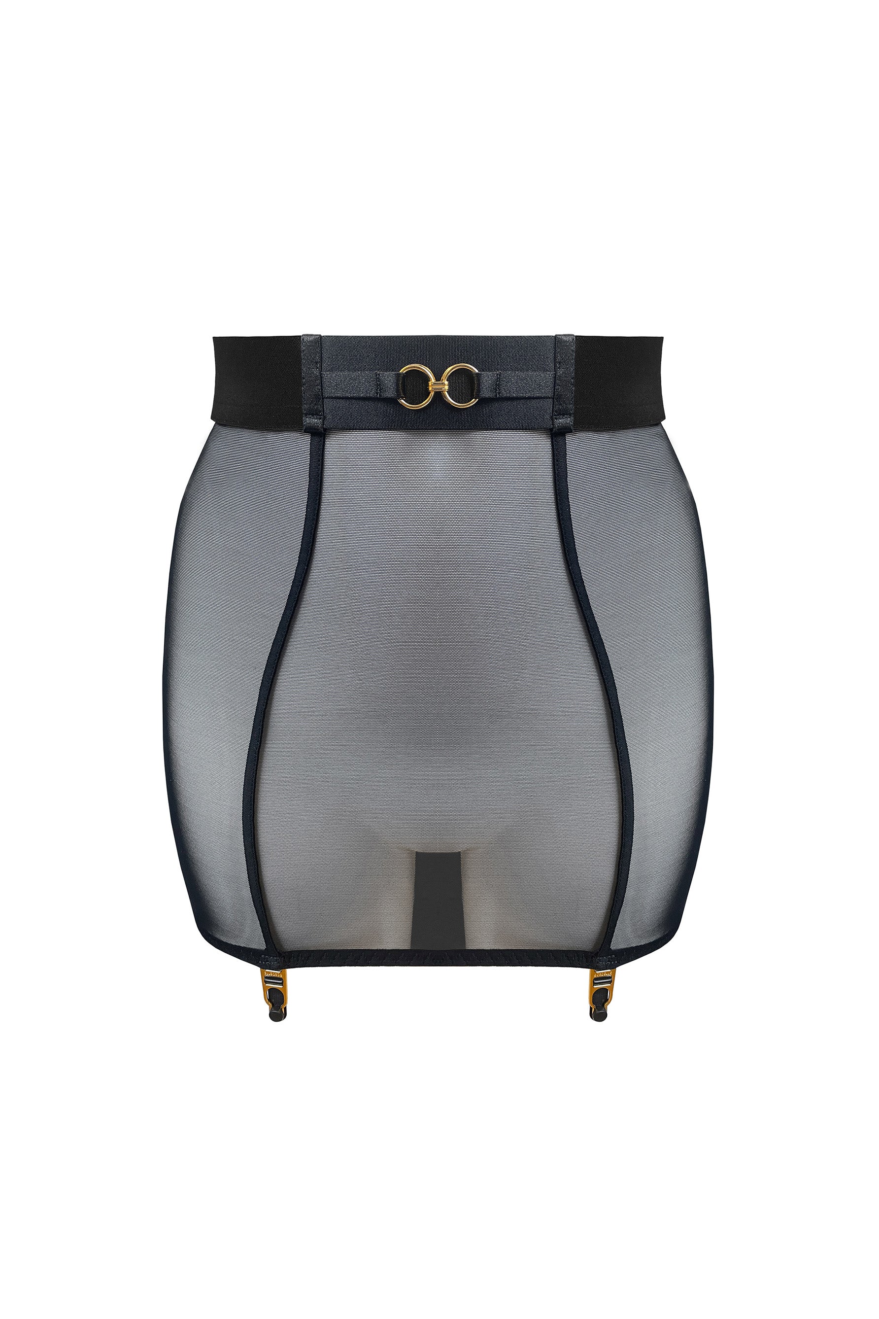 Bordelle Retta black mesh skirt, front view shown on mannequin. Image shows wide elastic waistband with gold ring details, vertical front seams, and suspender clips at hem. 