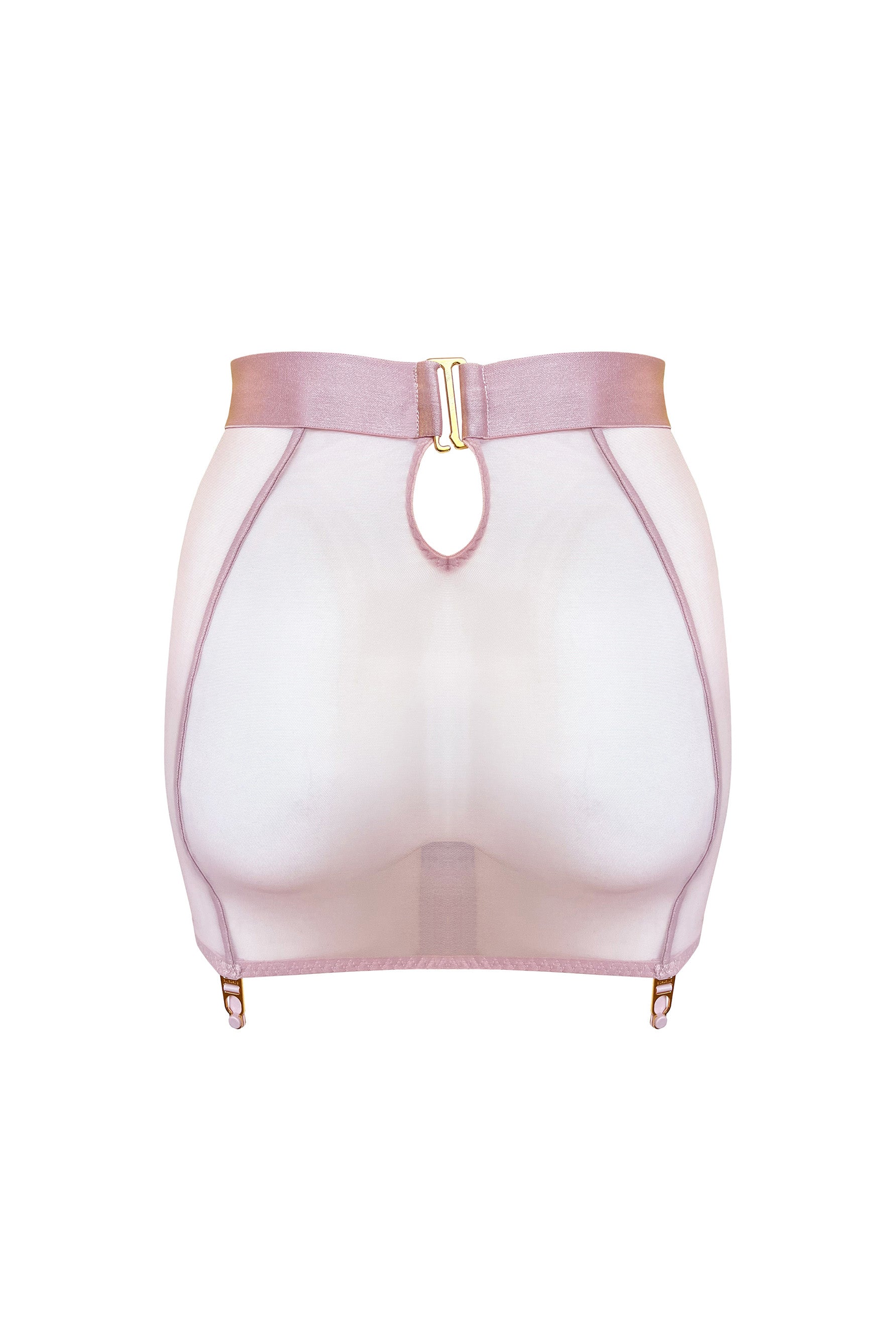 Bordelle Retta sheer mesh skirt in soft rose pink. Back view on plain white background. Skirt features a wide elastic waistband, oversized gold swan hook fastening and keyhole cutout  at center waist, and vertical seams from the suspender clips at hemline.