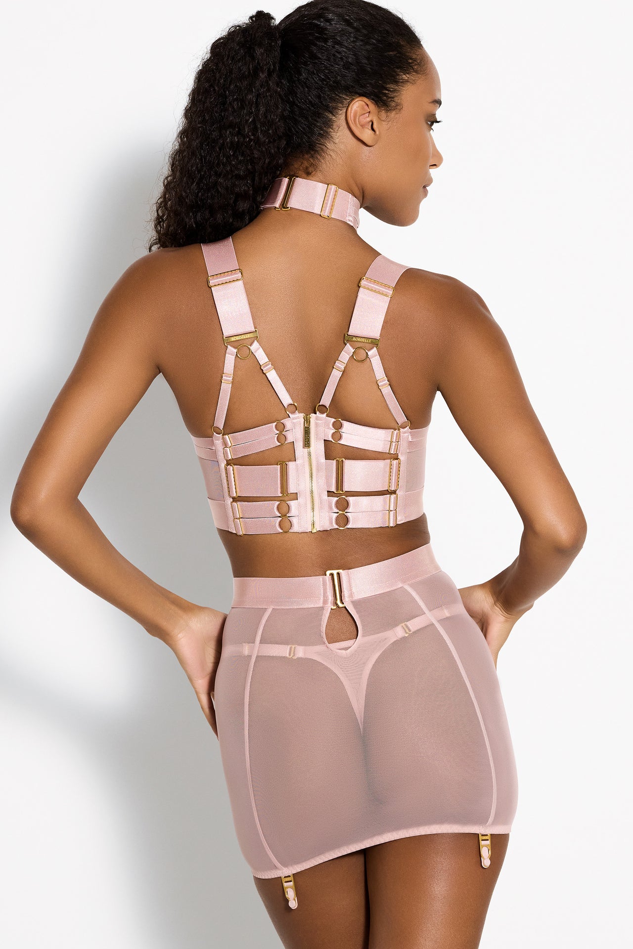 Bordelle Retta sheer mesh skirt in soft rose pink. Shown on model, front view, in matching collar, bra and thong. Skirt features a wide elastic waistband, gold ring detailing at center waist, and vertical seams from the suspender clips at hemline.