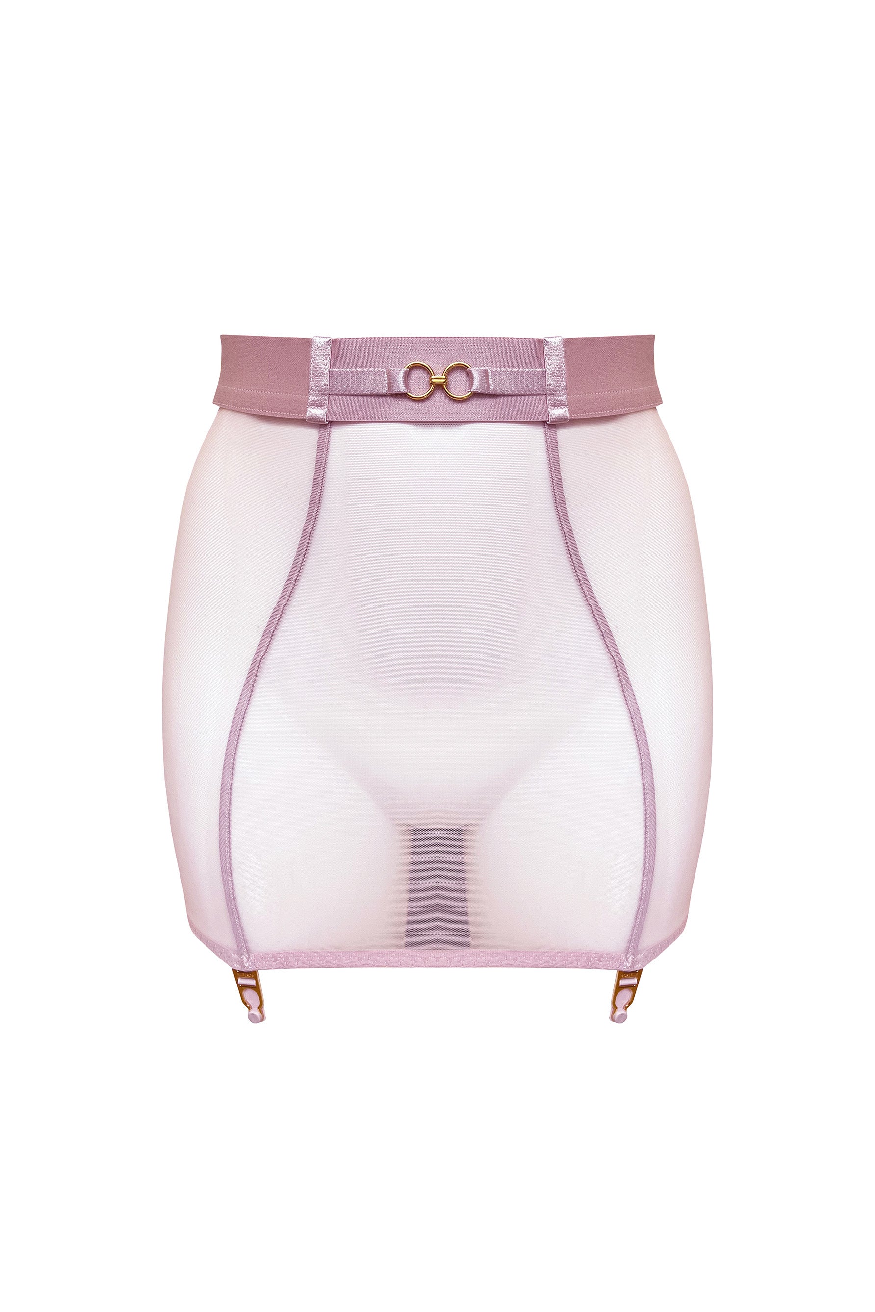 Bordelle Retta sheer mesh skirt in soft rose pink. Front view on plain white background. Skirt features a wide elastic waistband, gold ring detailing at center waist, and vertical seams from the suspender clips at hemline.