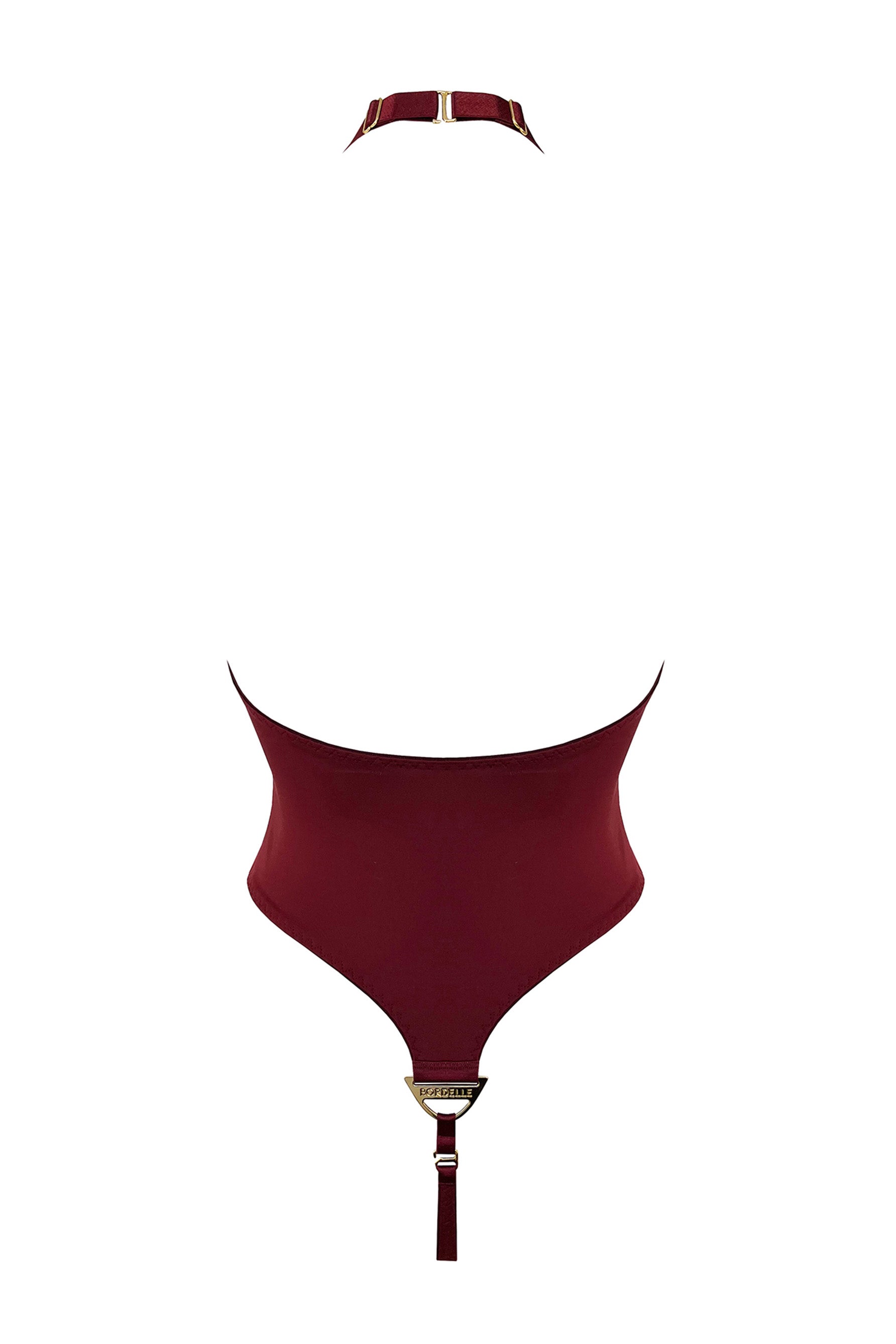 Bordelle Syra halter bodysuit with low back & thong bottom in burgundy morello. Back view.