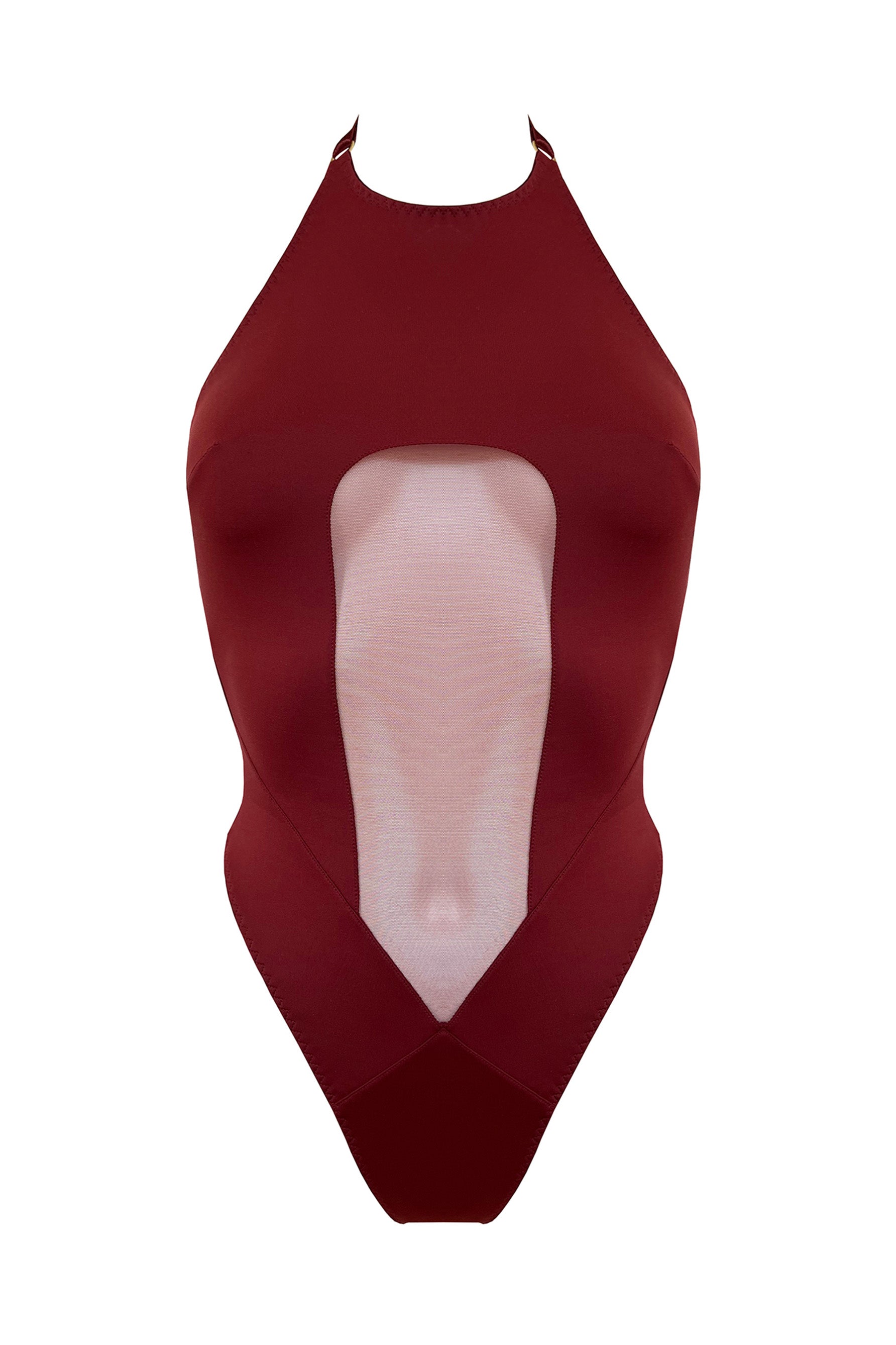 Bordelle Syra halter bodysuit with mesh front & high leg in burgundy morello. Front view.