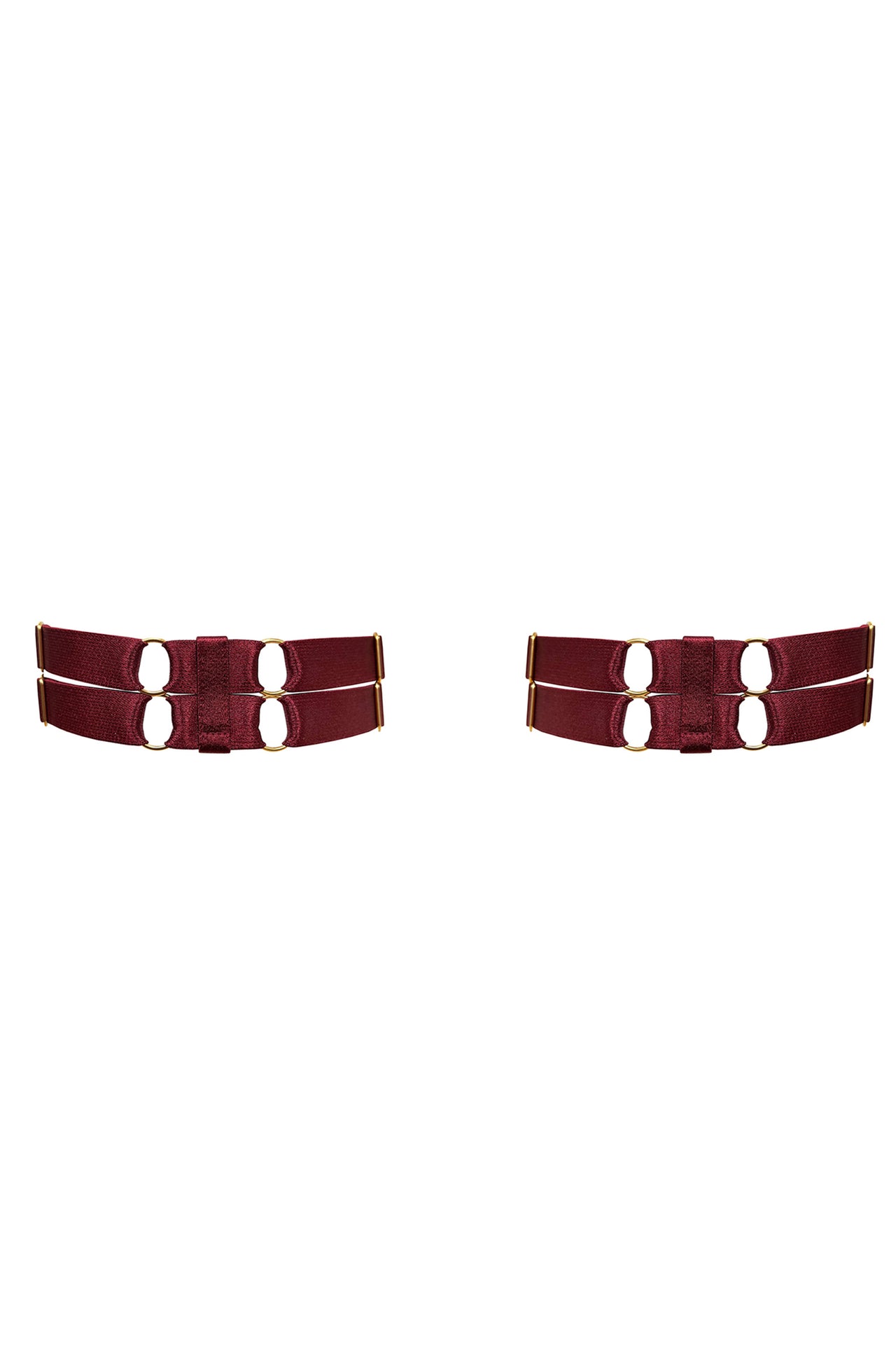 Bordelle Syra satin elastic garters in dark burgundy Morello with gold hardware. Front view. 