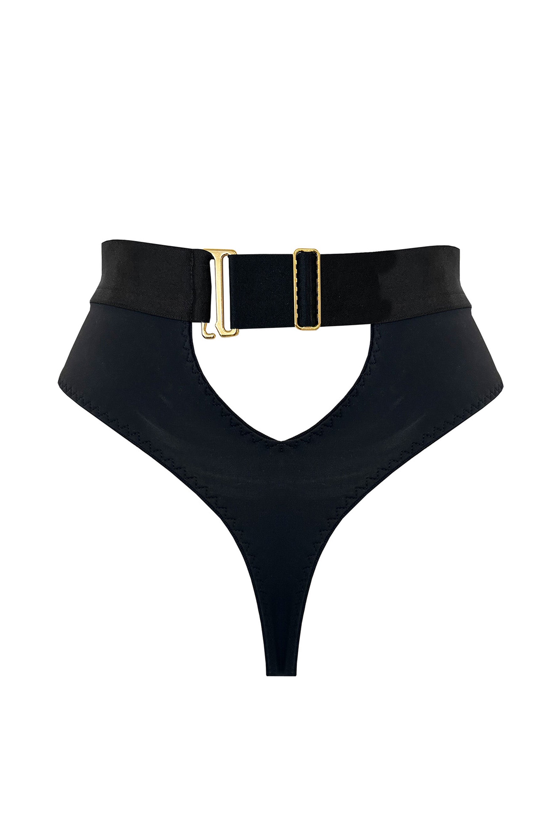 Bordelle Syra high waist high leg thong with back cutout & adjustable waist in black, back view.