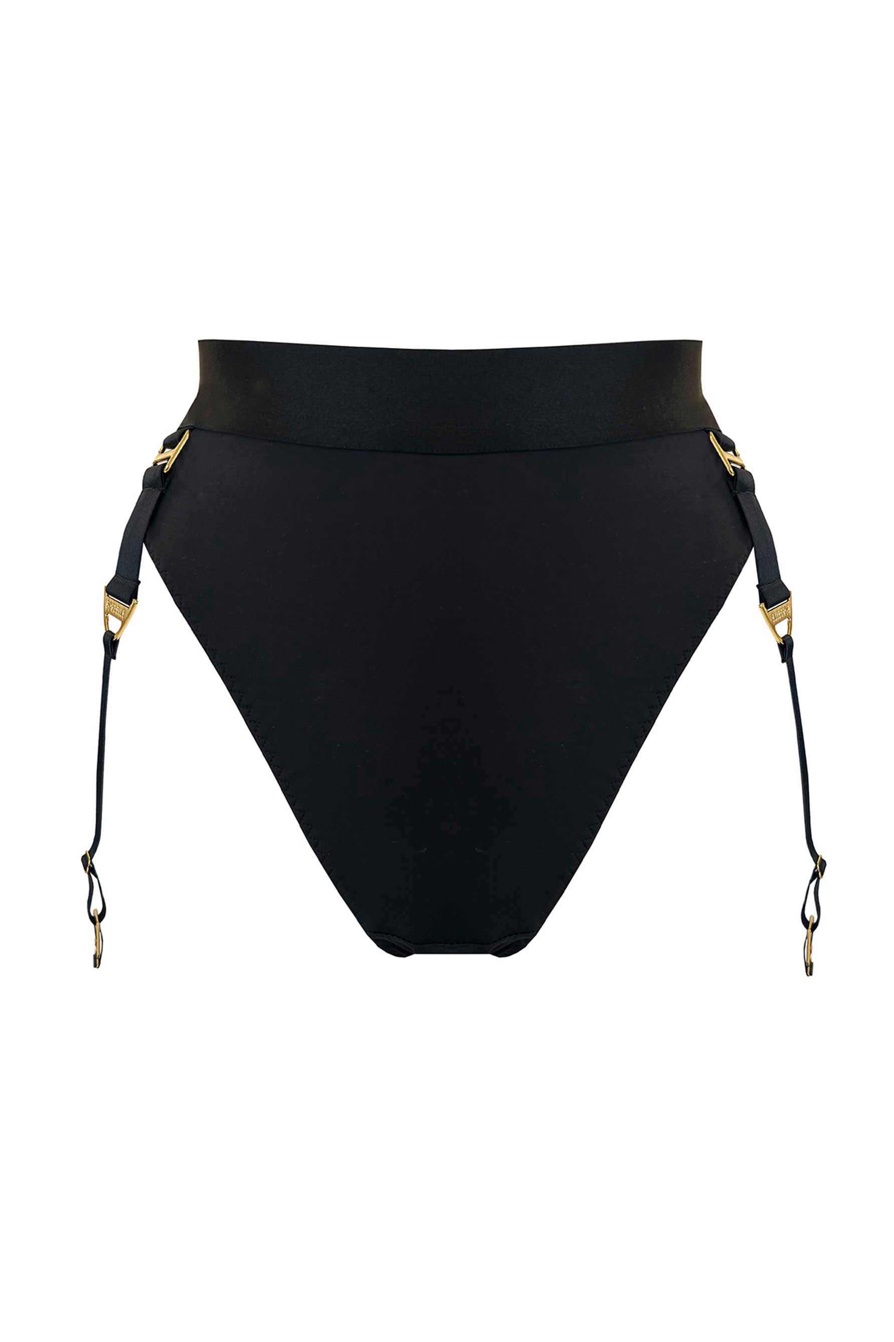 Bordelle Syra high waist high leg thong with side suspenders in black, front view.