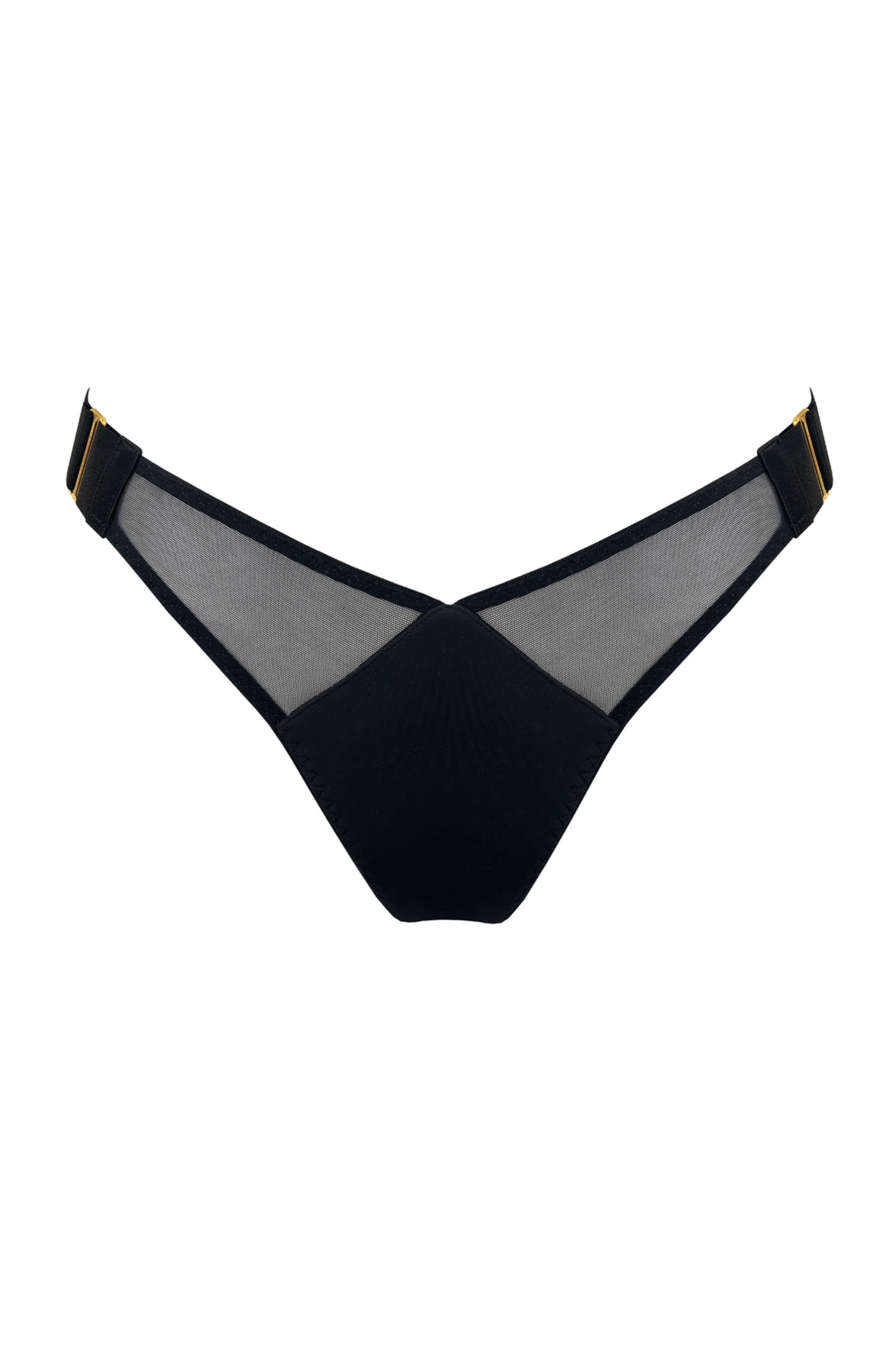 Bordelle Syra wide strap thong in black, front view.