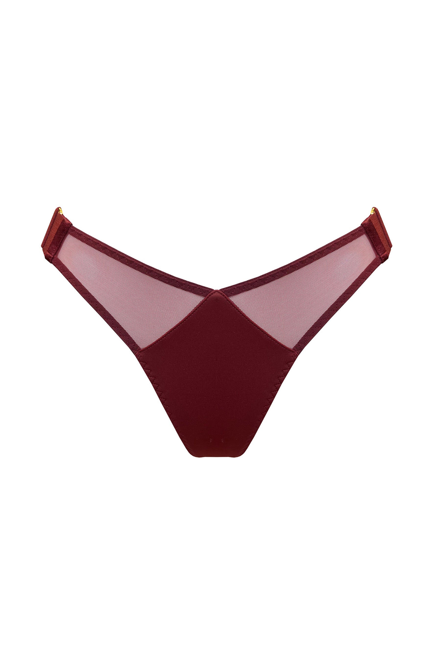 Bordelle Syra wide strap mesh & jersey thong in morello burgundy, front view.