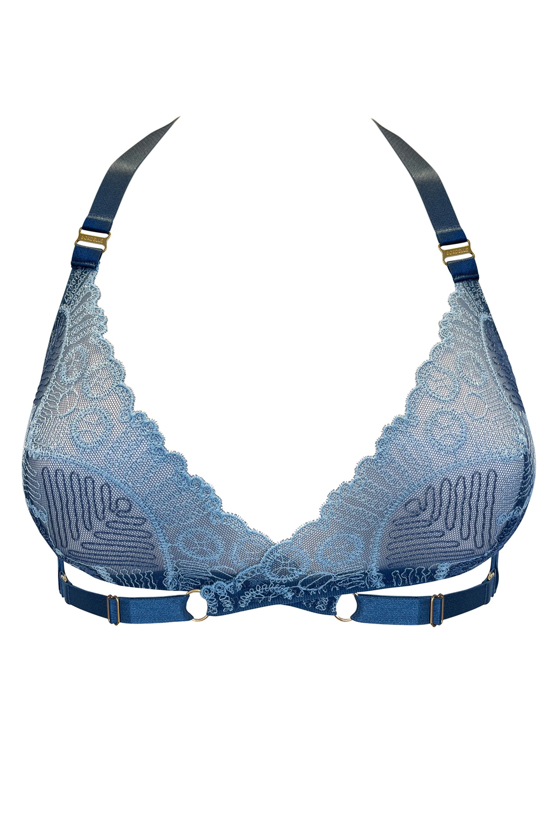 Bordelle Tierra lace & strappy wrap bra in denim blue, front view.