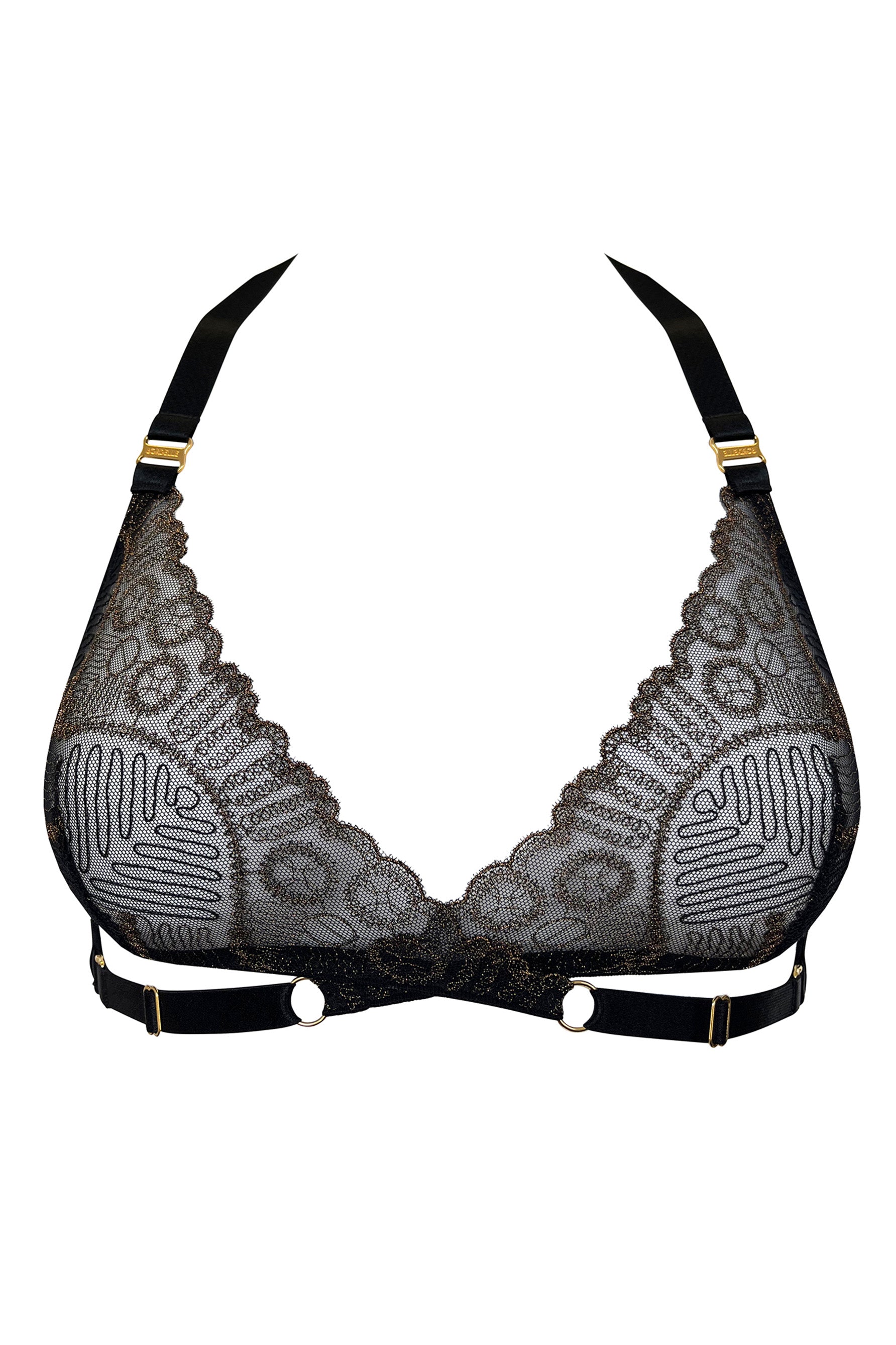 Bordelle Tierra black and bronze lace wrap plunge bra. Front view.