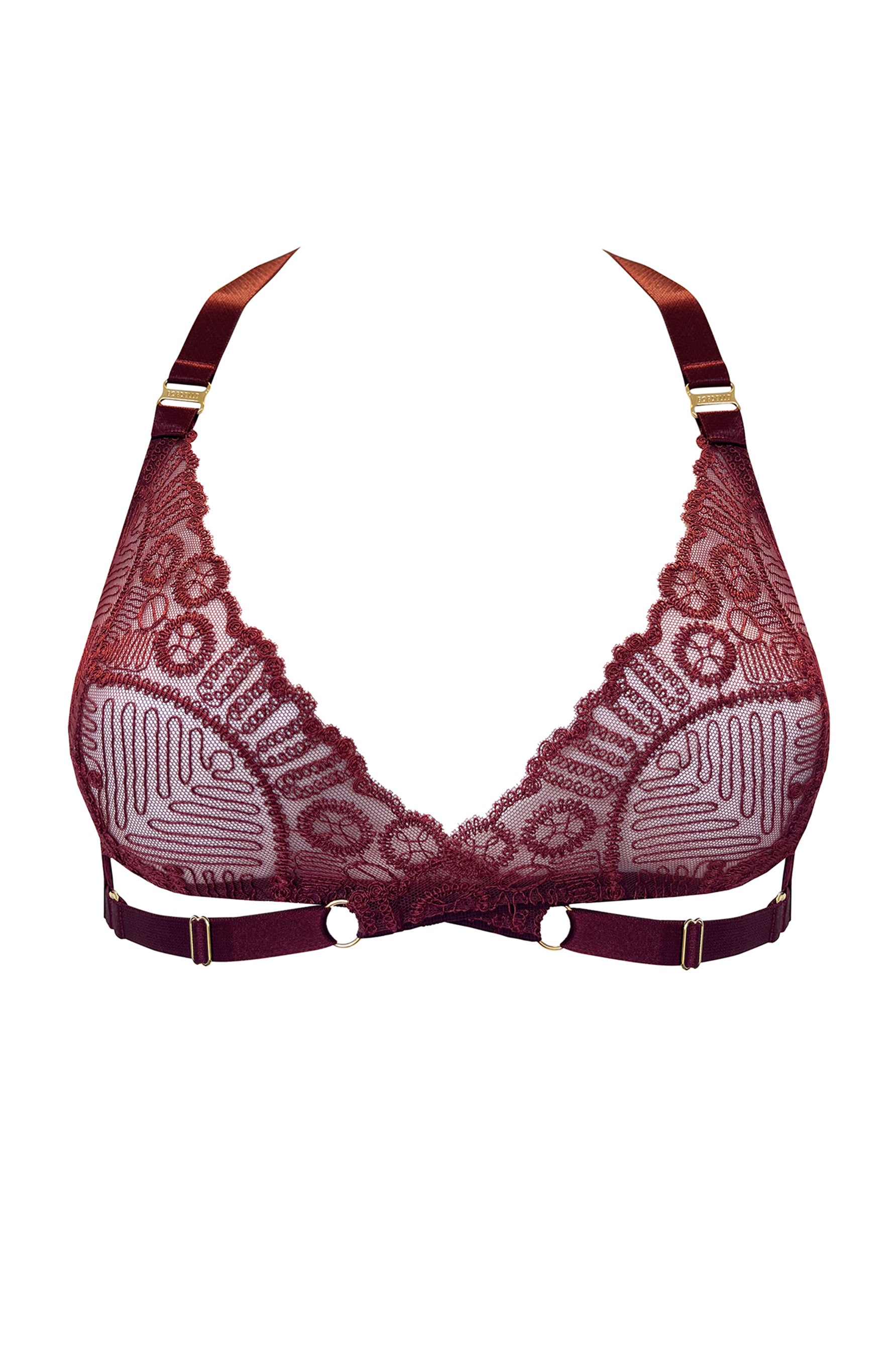 Bordelle Tierra lace wrap bra in morello burgundy, front view.