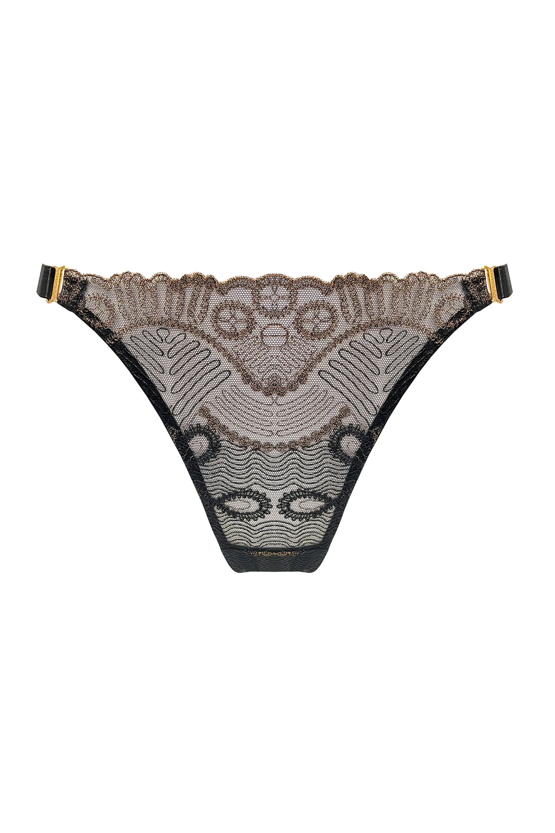 Bordelle Tierra black and bronze lace brief, front view.