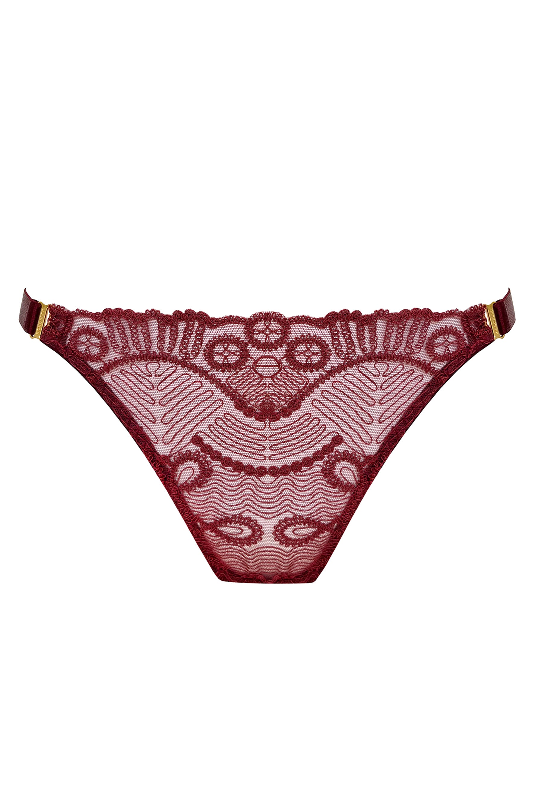 Bordelle Tierra low rise lace brief in morello burgundy. Front view.