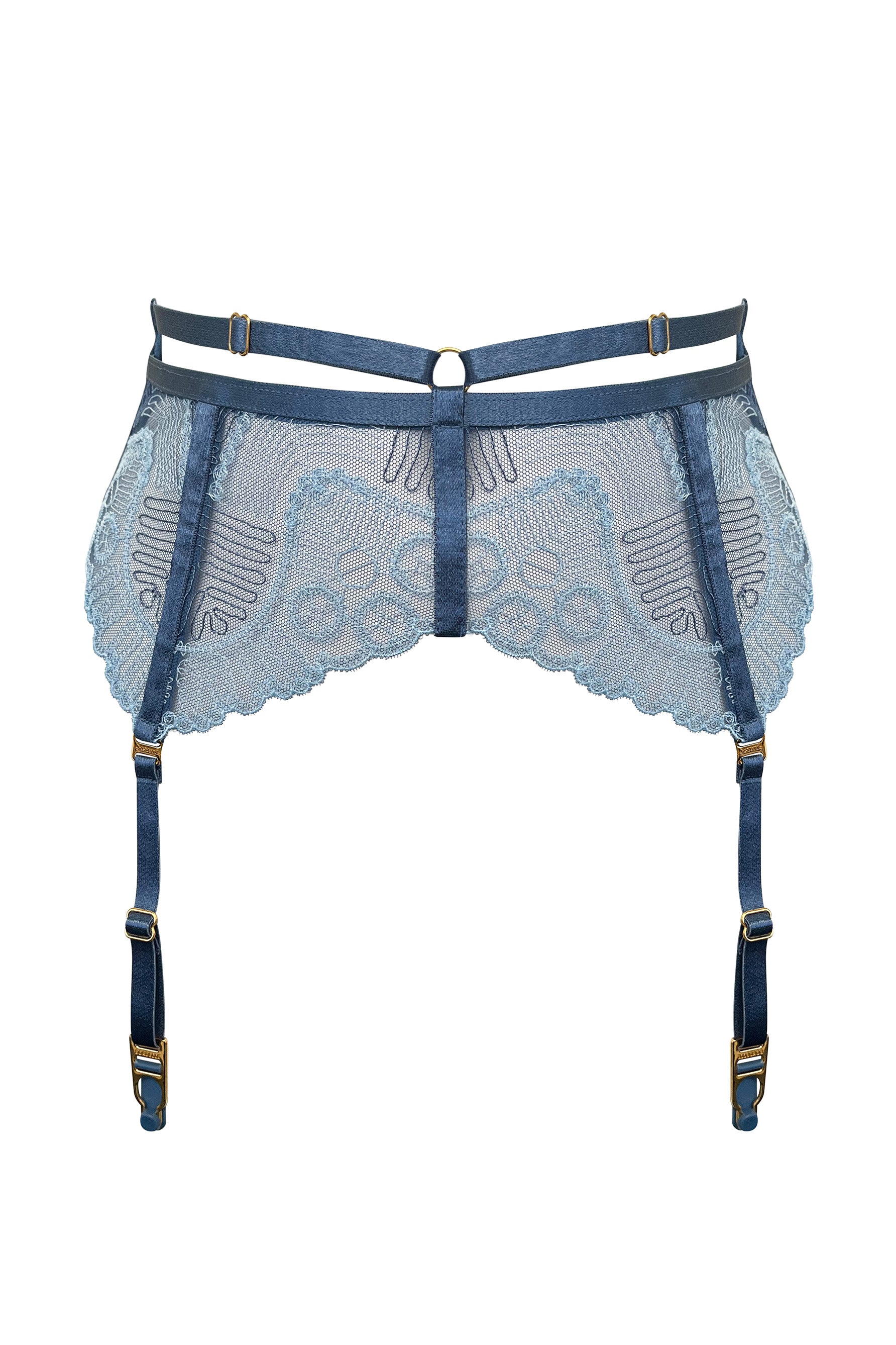 Bordelle Tierra lace & strappy suspender belt in denim blue, front view.