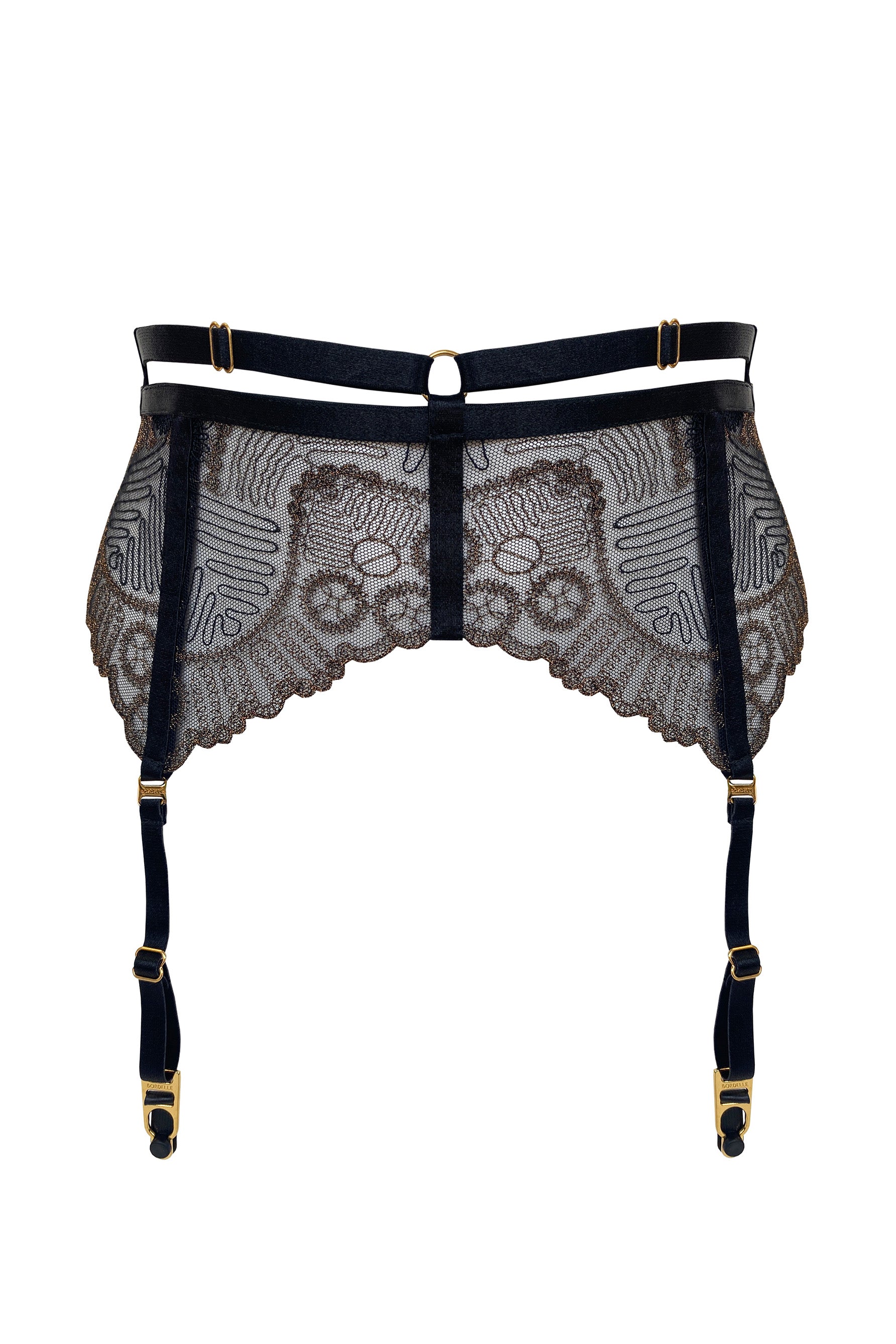 Bordelle Tierra black and bronze lace garter belt, front view.