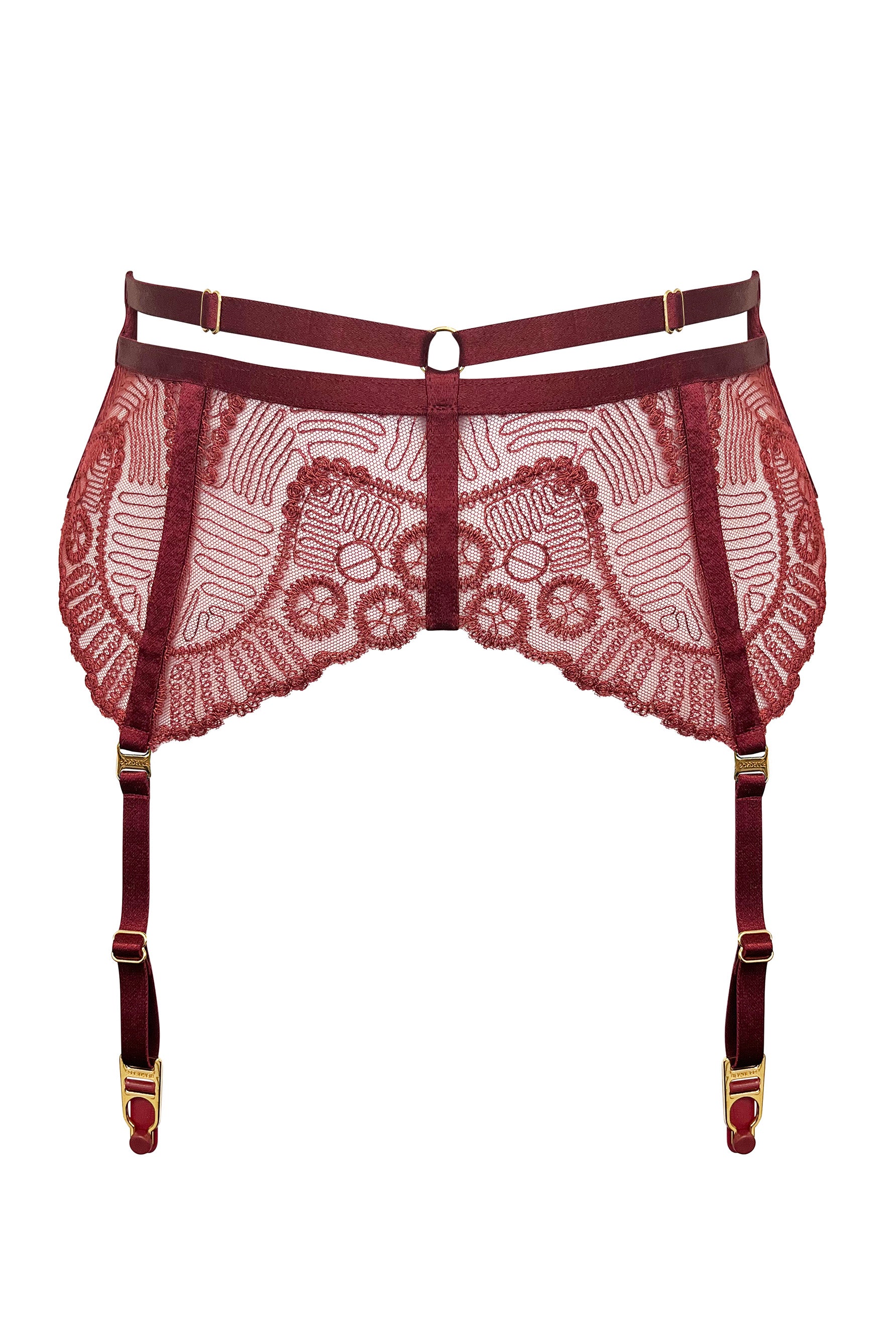 Bordelle Tierra lace & strappy suspender belt in morello burgundy, front view.