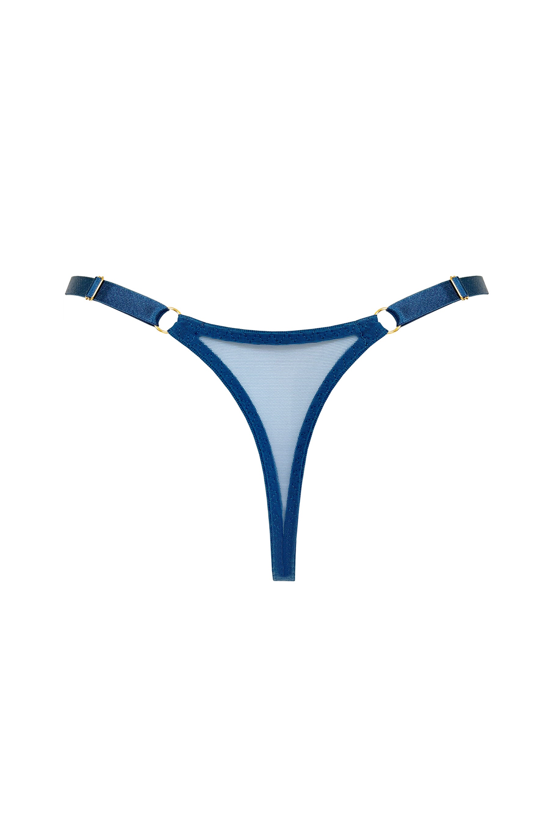 Bordelle Tierra denim blue mesh back strap thong, front view. 