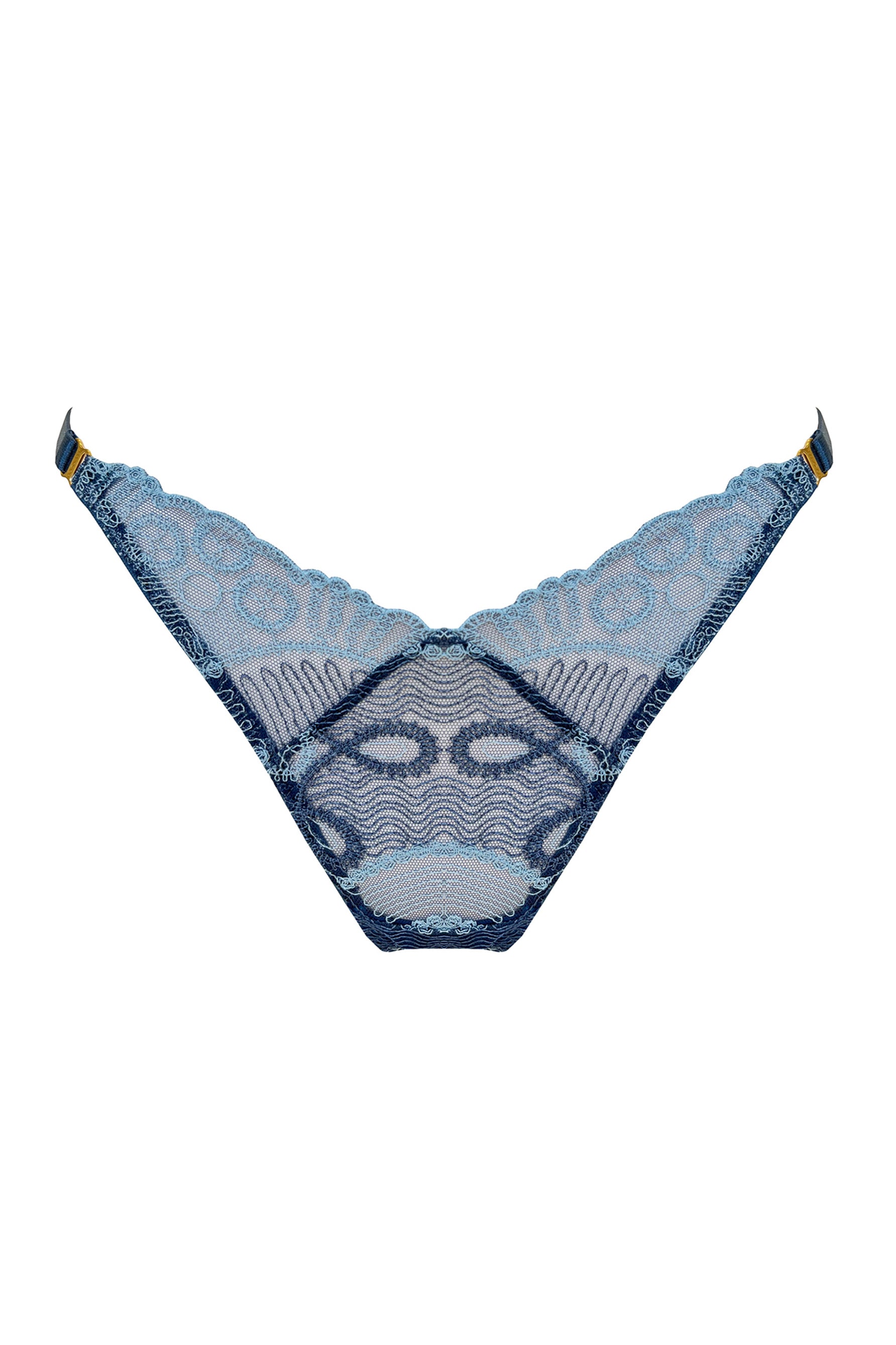 Bordelle Tierra denim blue lace v-front lace thong, front view. 