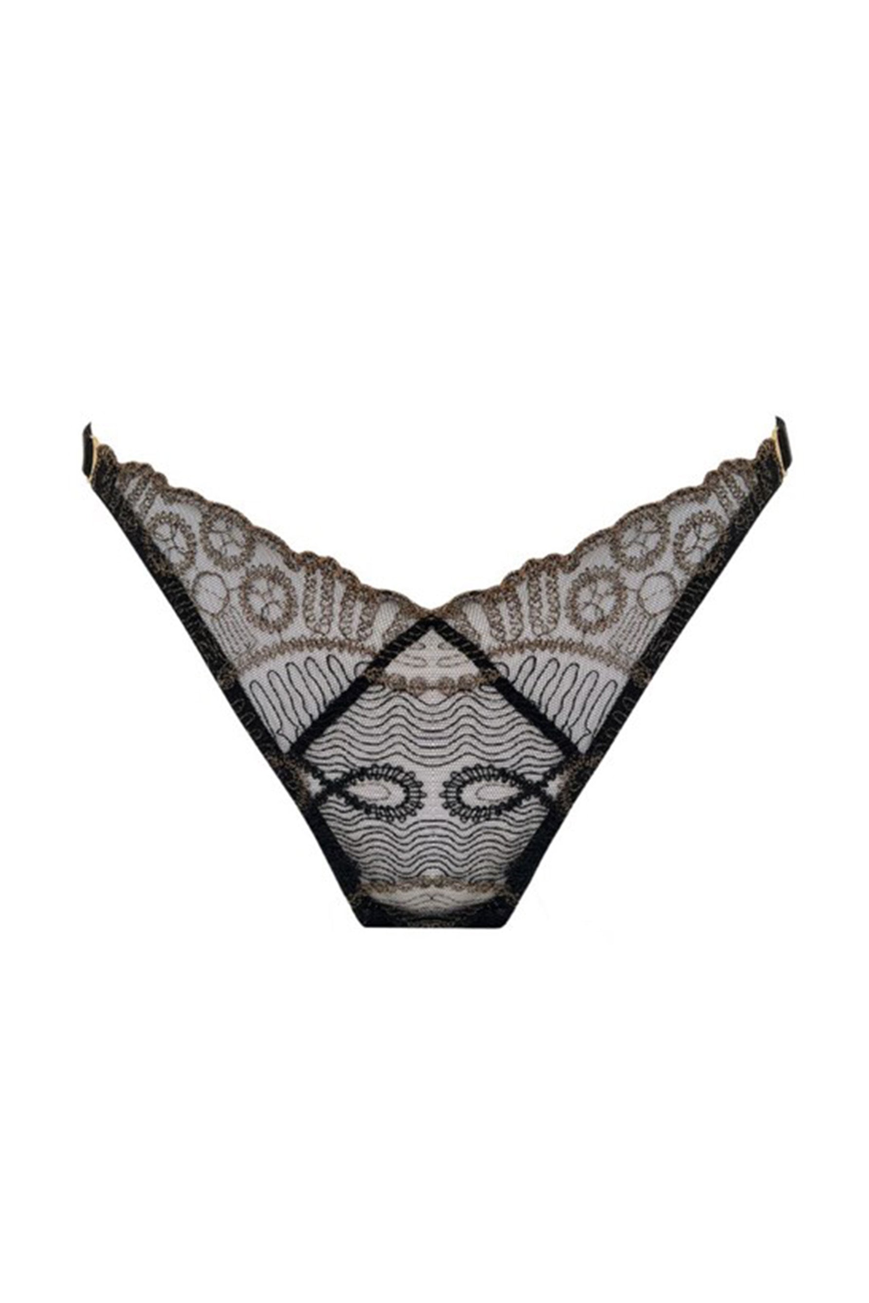 Bordelle Tierra black & bronze lace v-front thong, front view. 