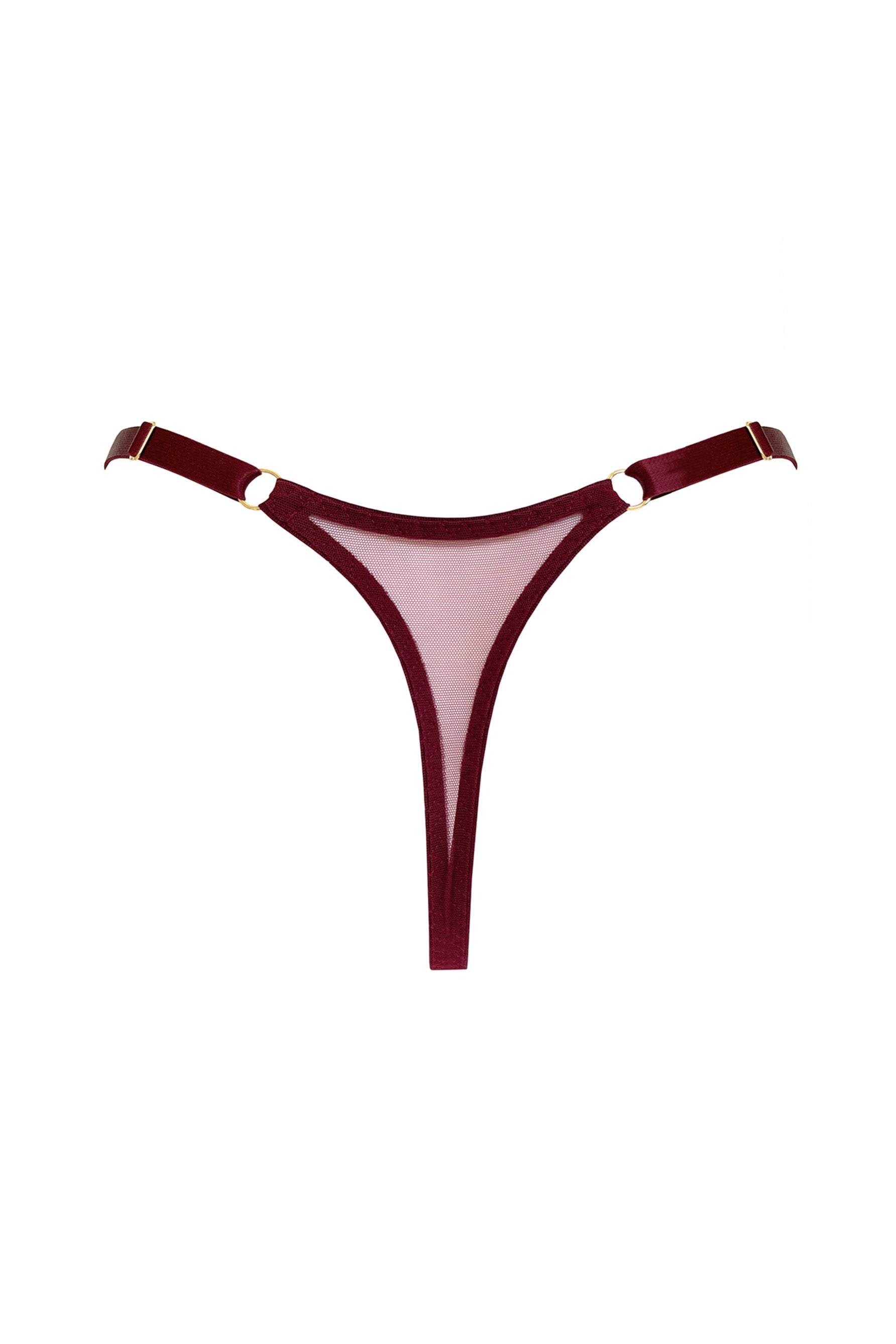 Bordelle Tierra morello burgundy mesh back strap thong, back view. 