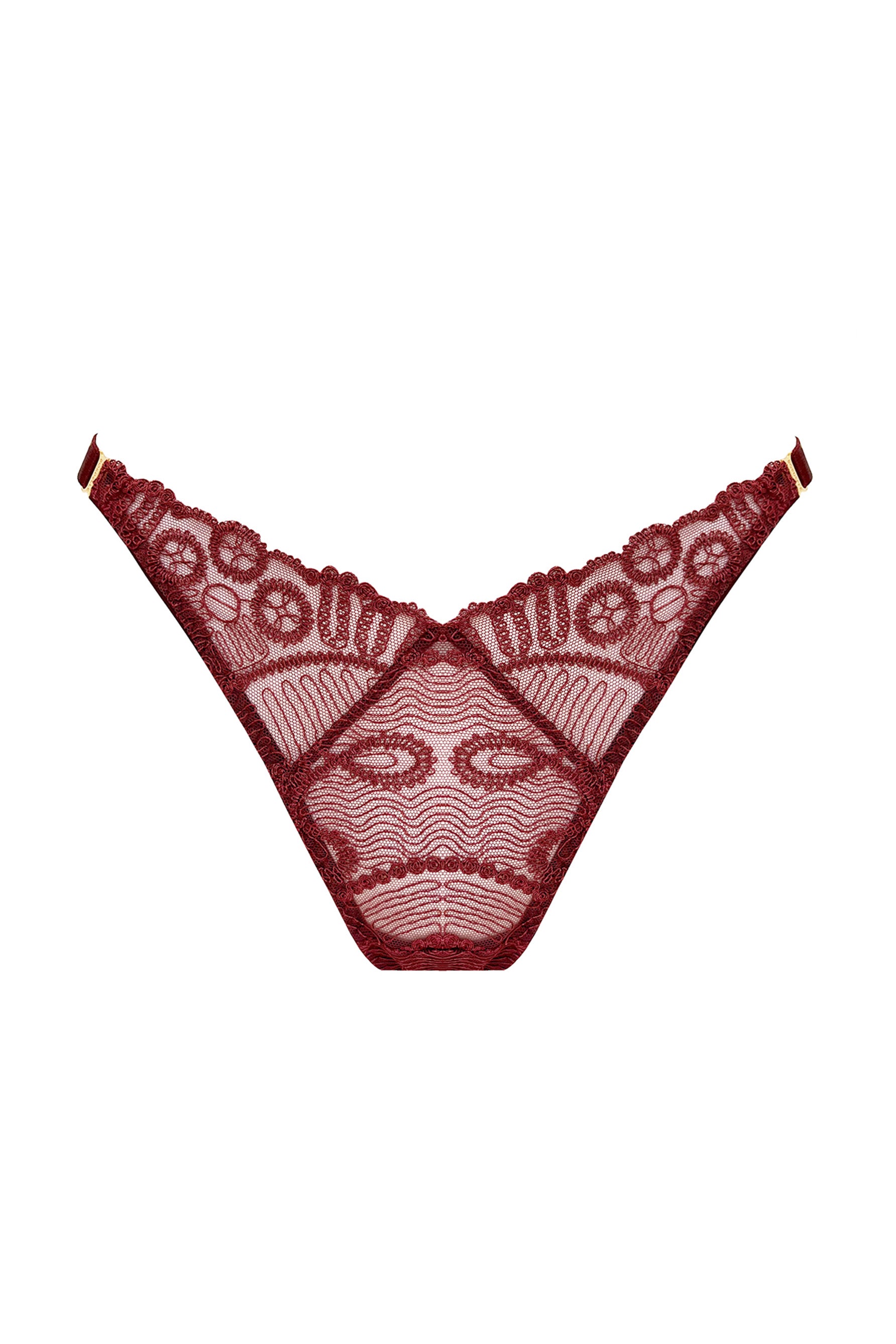 Bordelle Tierra morello burgundy lace v-front thong, front view. 