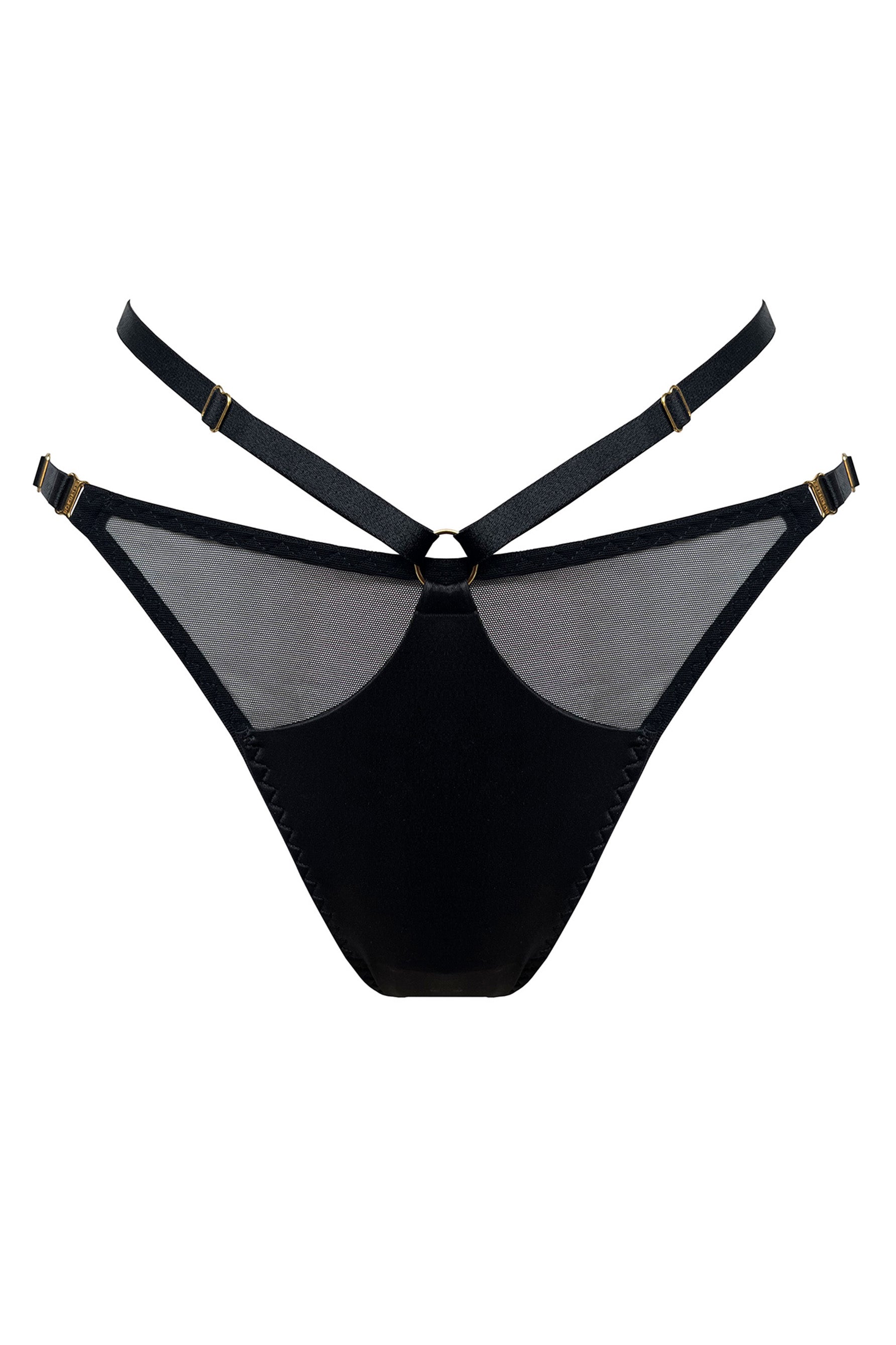 Bordelle Vero adjustable brief in black satin elastic, mesh, and faux leather look jersey. Thin elastic hip strap above low rise side straps. Front view on plain white background.