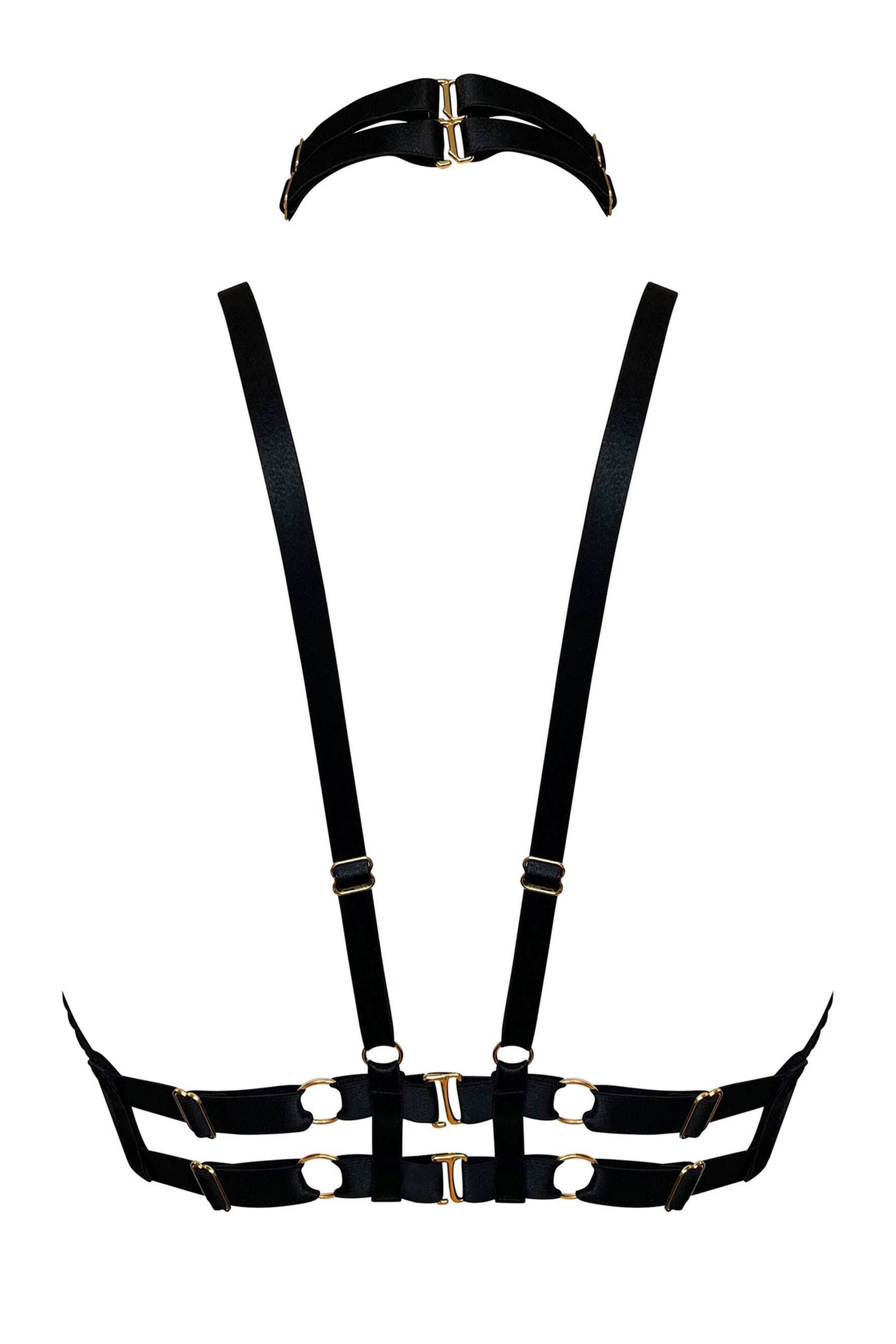 Bordelle Vero black underwire ouvert bra with adjustable collar, shoulder straps and under band, and two swan hook closures. 24k gold plated hardware. Back view on plain white background.