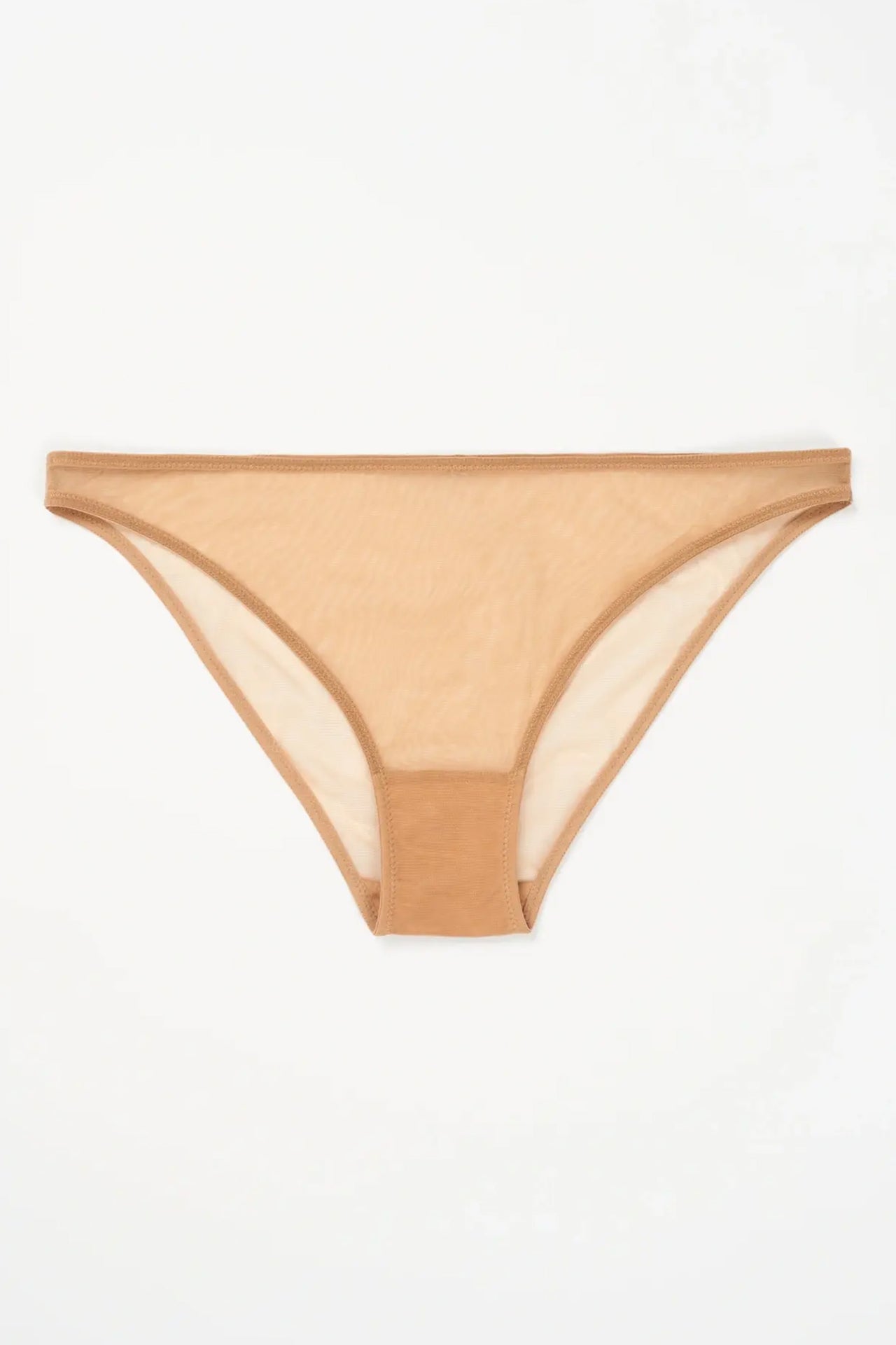 Else Bare Minimal sheer caramel beige mesh mid/low rise bikini style brief. Shown flat on plain white background.