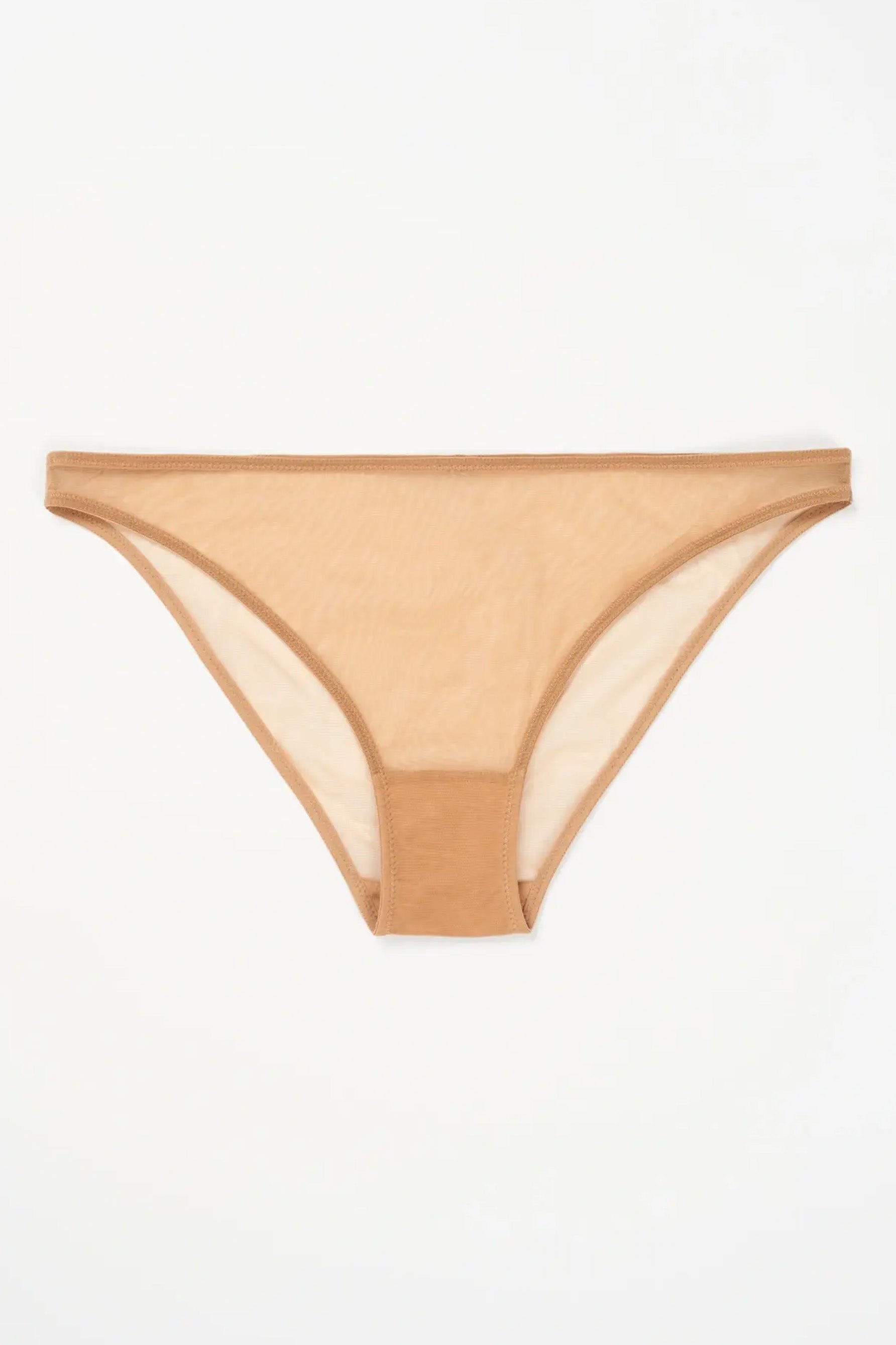 Else Bare Minimal sheer caramel beige mesh mid/low rise bikini style brief. Shown flat on plain white background.