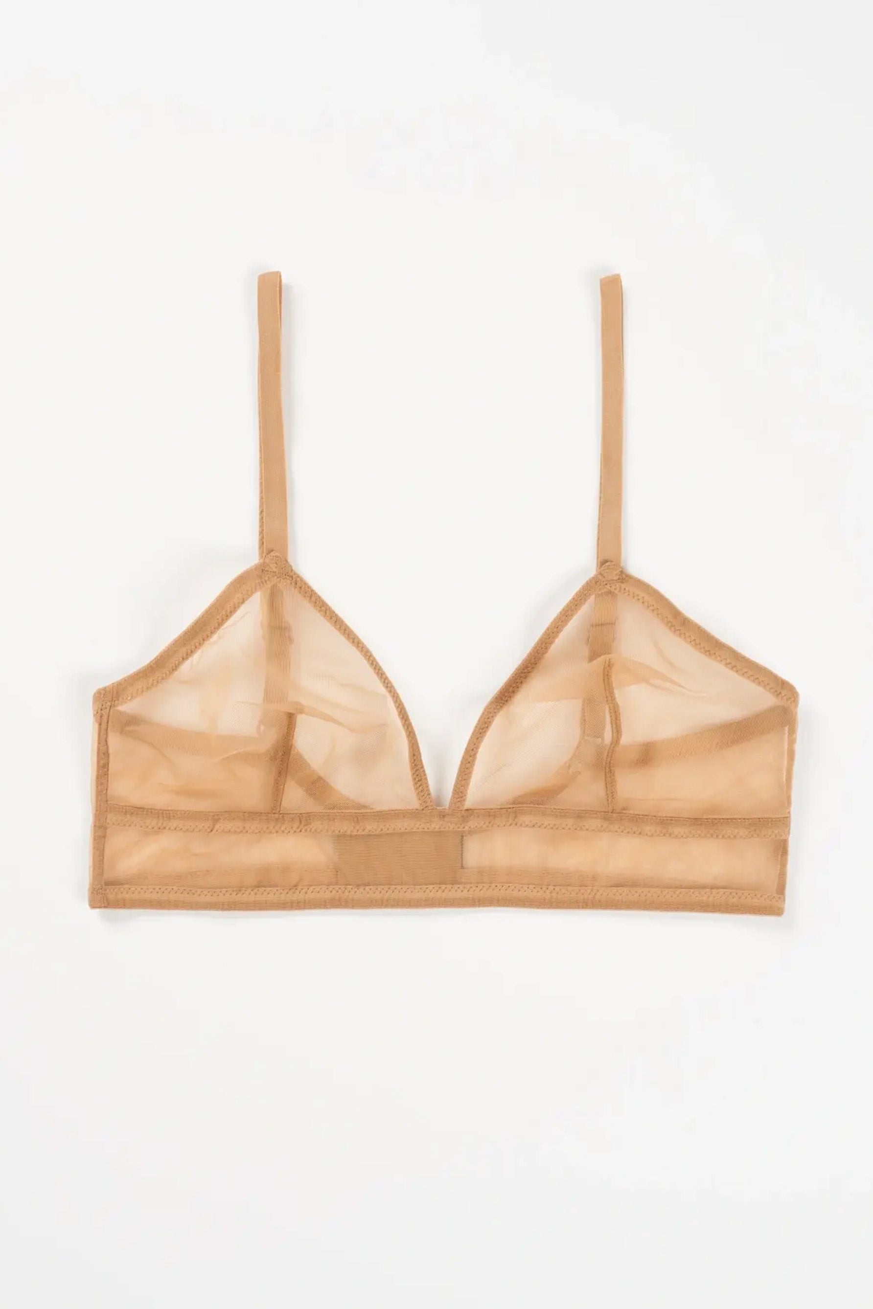 Else Bare Minimal sheer caramel beige mesh wireless triangle bra. Longline silhouette with thin elastic shoulder straps. Shown flat on plain white background.