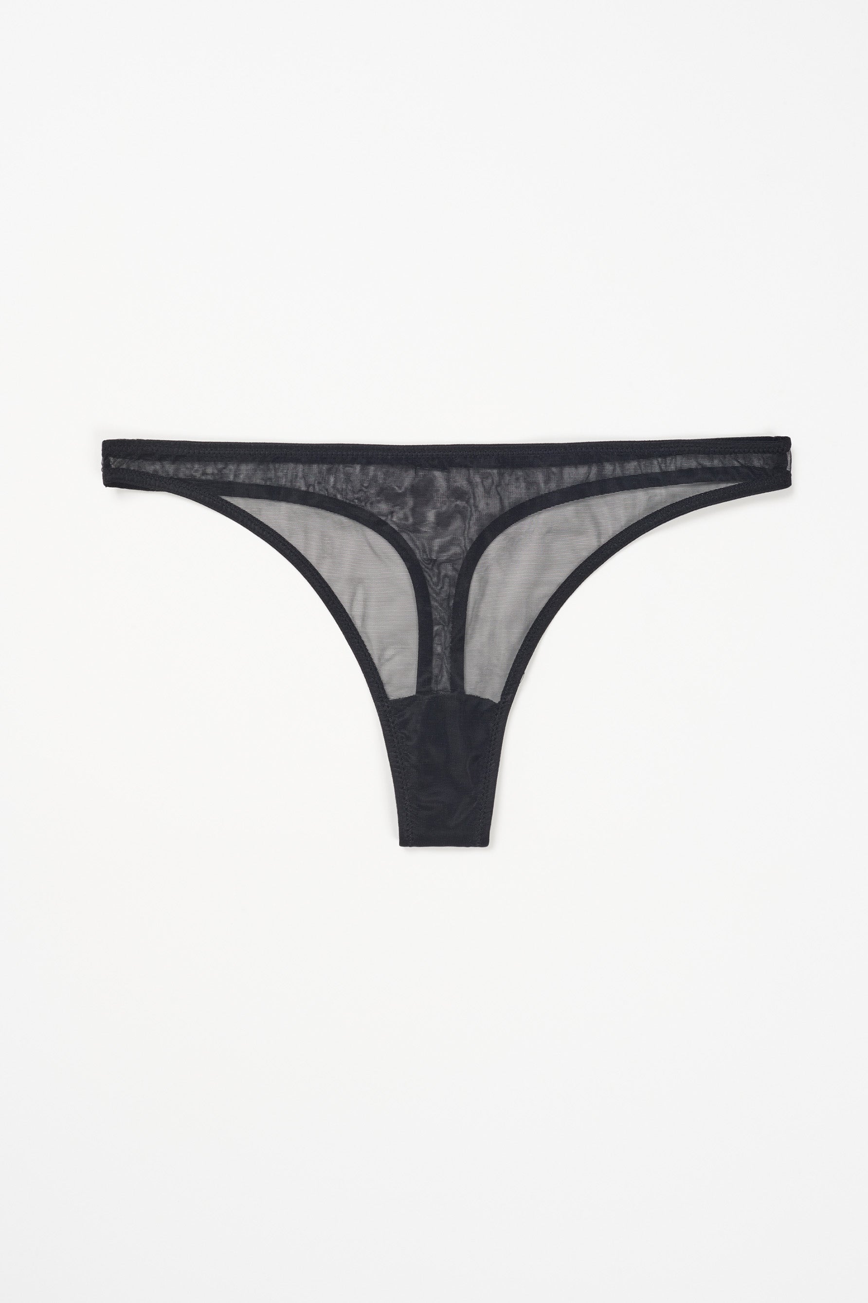 Else Bare Minimal Thong in sheer black mesh, shown flat on plain white background