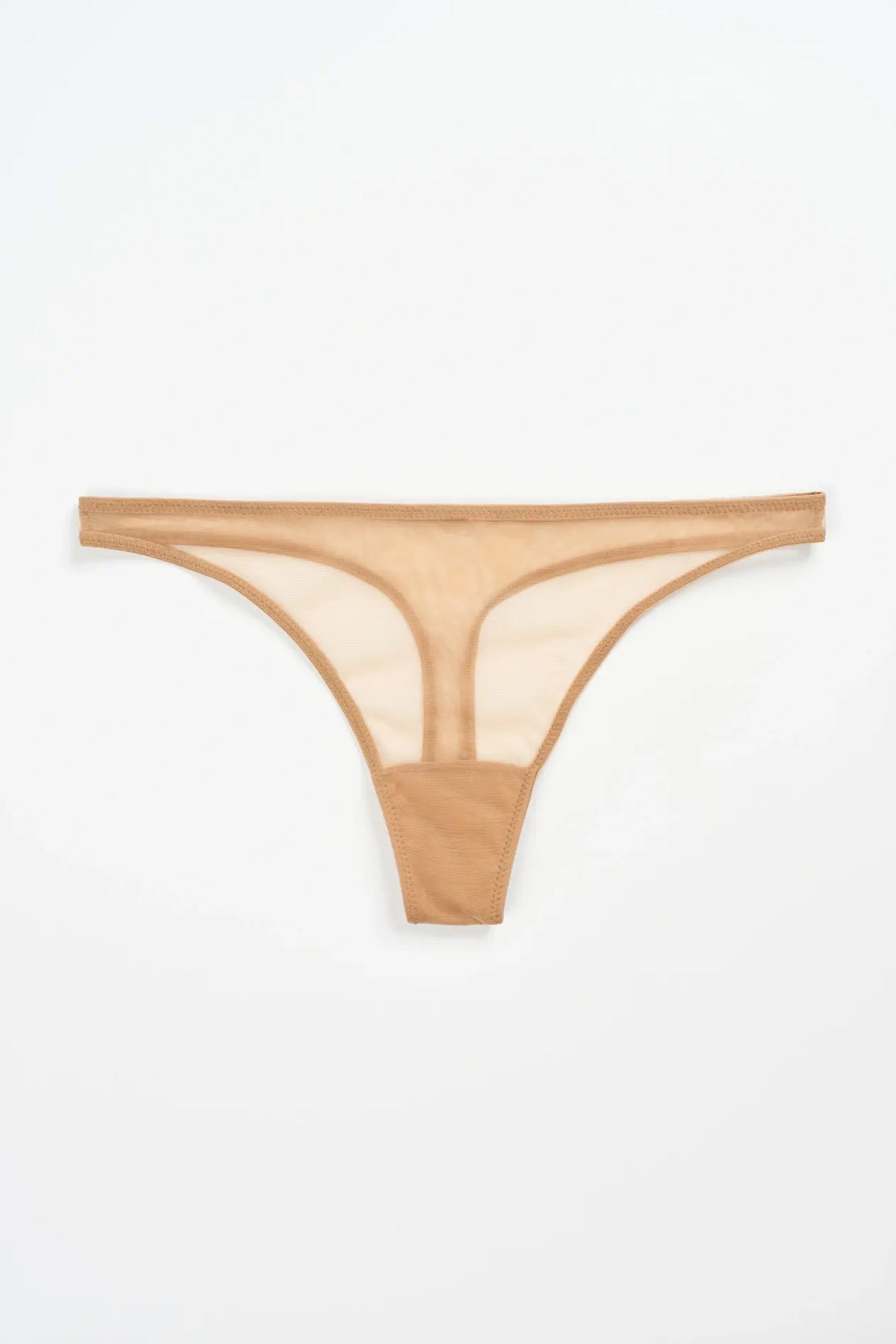 Else Bare Minimal sheer caramel beige mesh mid/low rise thong. Shown flat on plain white background.