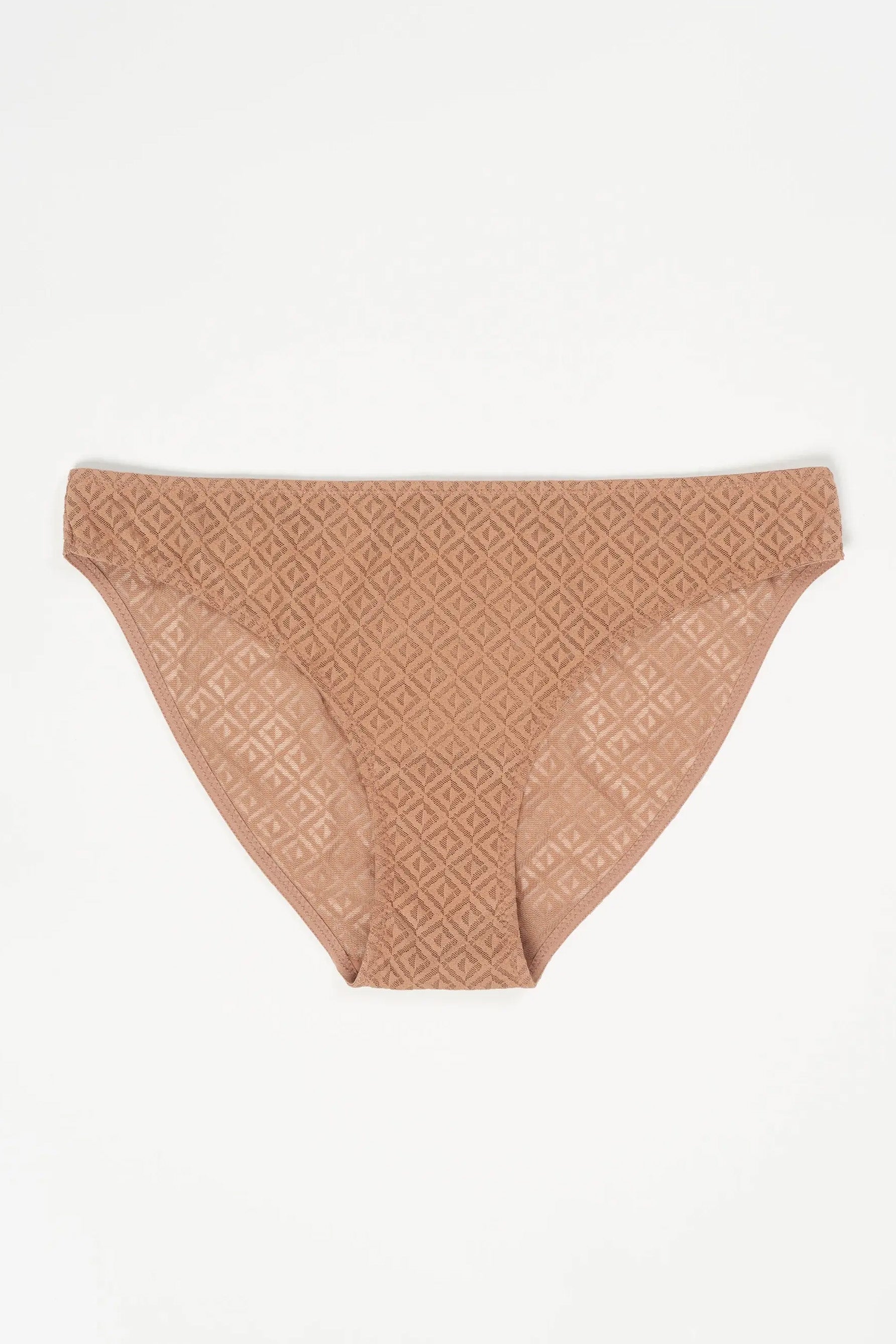 Else Betty bronze beige bikini style brief in sheer geometric mesh. Shown flat on plain white background.