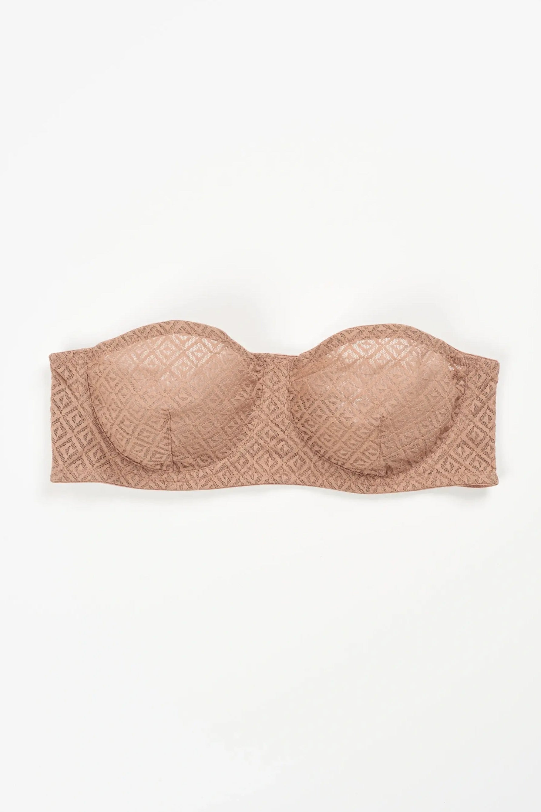 Else Betty bronze beige strapless underwire bra in geometric mesh shown flat on plain white background.