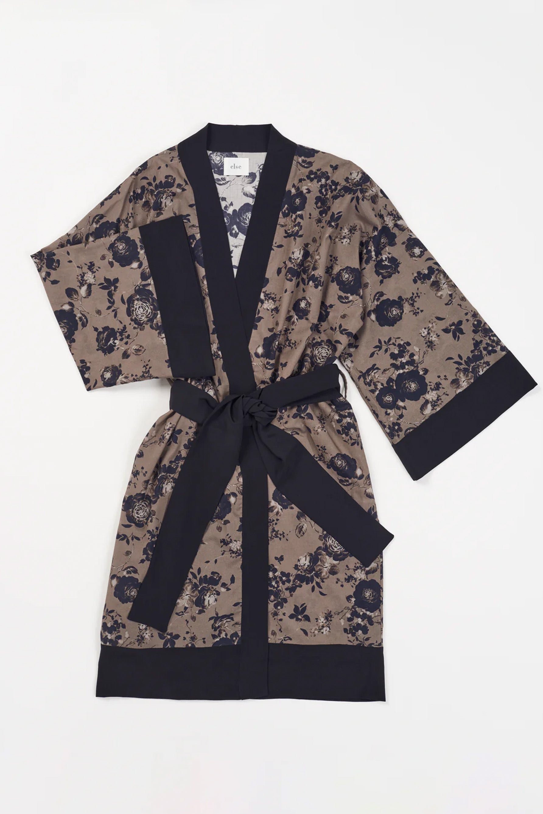 Else Euphoria taupe robe with black floral print and black silk trim. Image shows the robe flat on white background, front view, featuring the wide kimono style sleeves, knee length hem and silk waist tie.