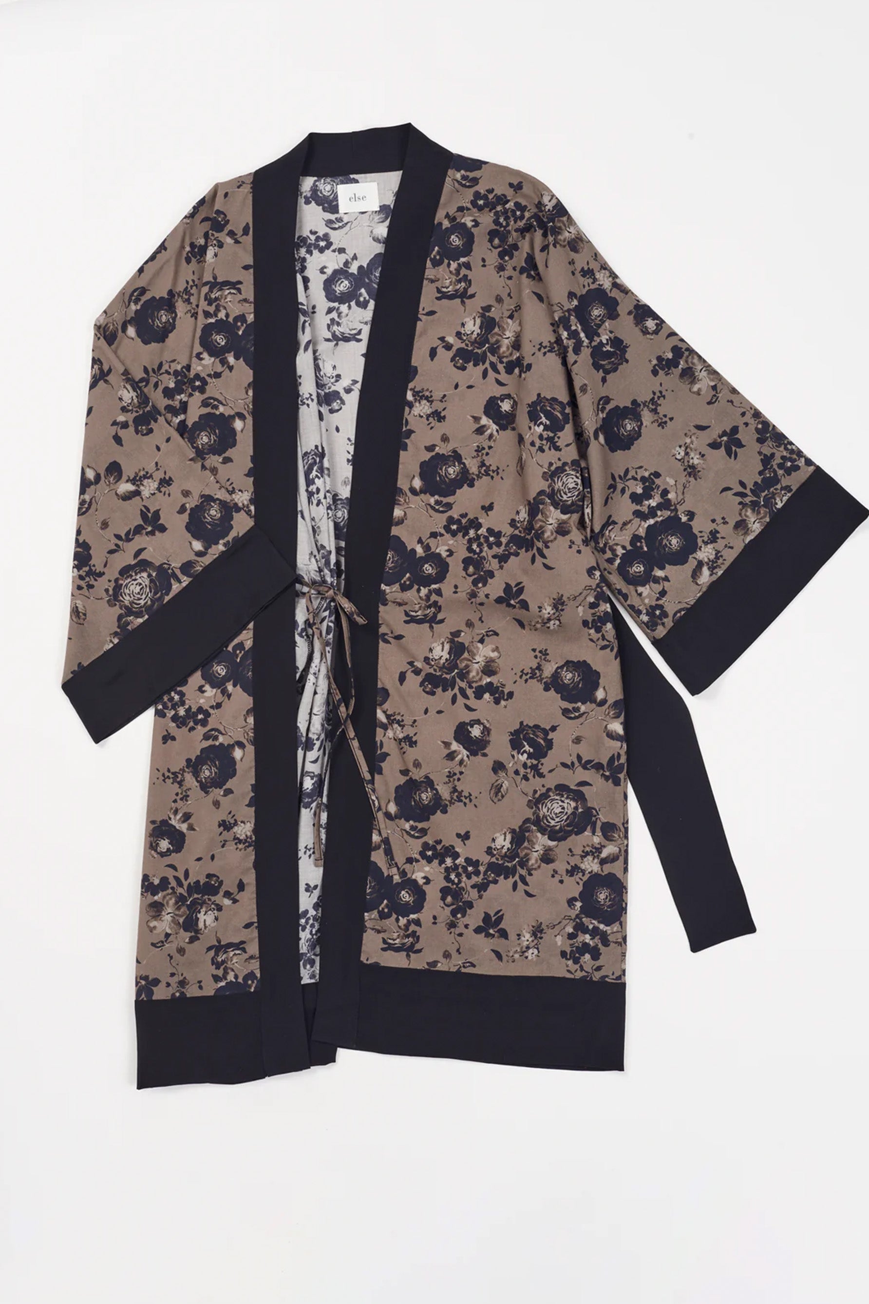 Else Euphoria taupe robe with black floral print and black silk trim. Image shows the robe flat on white background, front view, featuring the wide kimono style sleeves, knee length hem and silk waist tie. One side is slightly open showing the interior waist tie for extra secure closure.