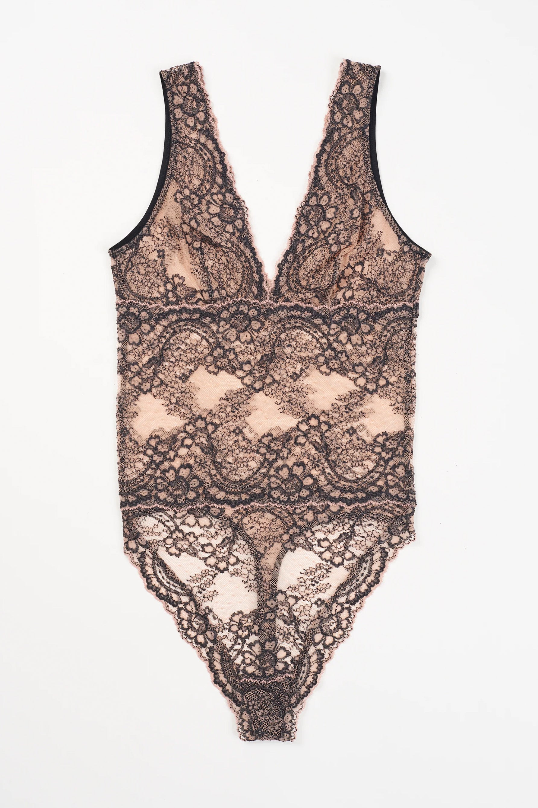 Else Farah low plunge black and beige lace bodysuit with thong bottom and high cut leg. Shown flat on plain white background. 