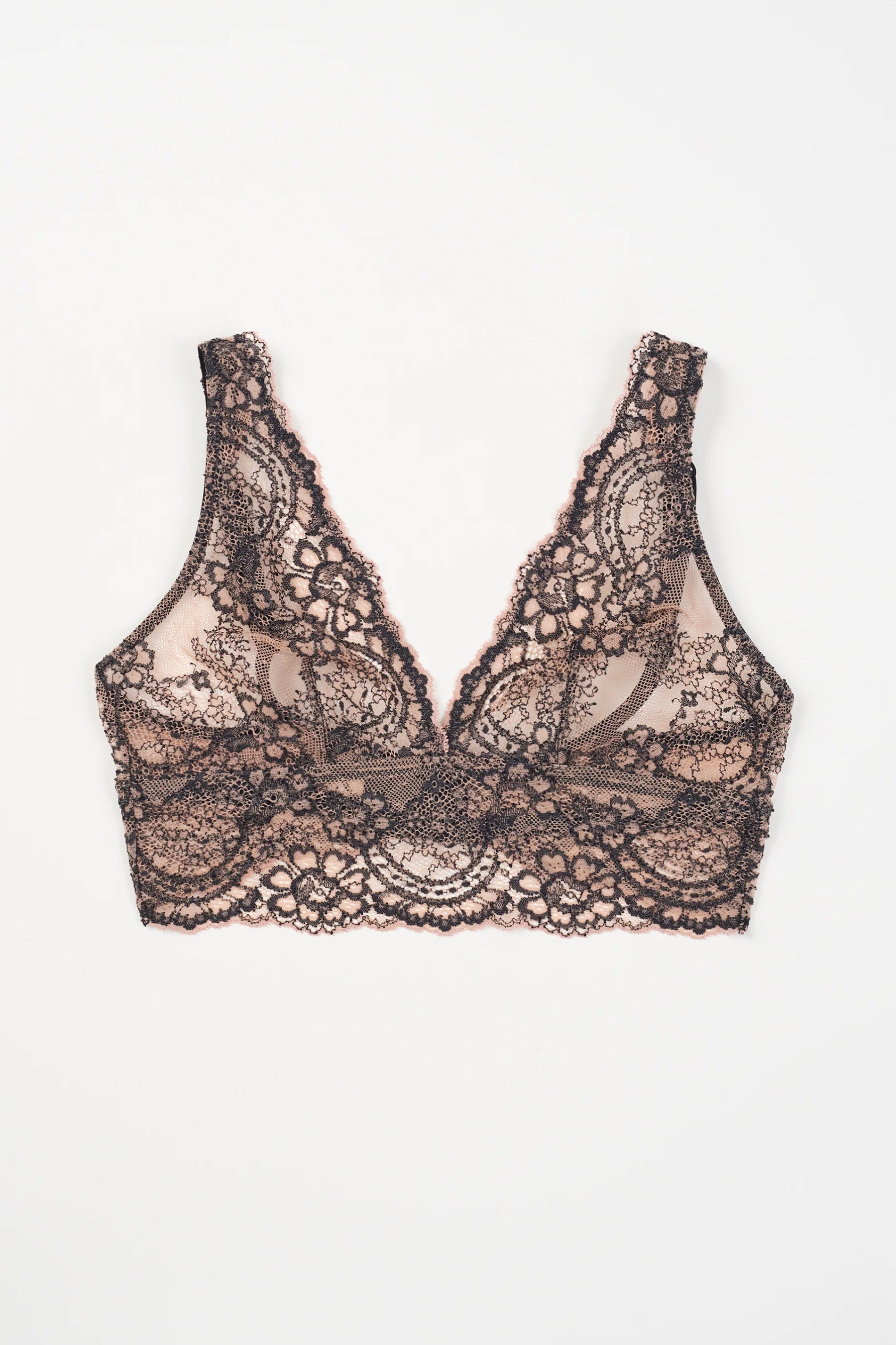 Else Farah longline plunge bralette shown flat on plain white background. Image shows the black floral lace on beige mesh, deep plunge neckline and longline silhouette.