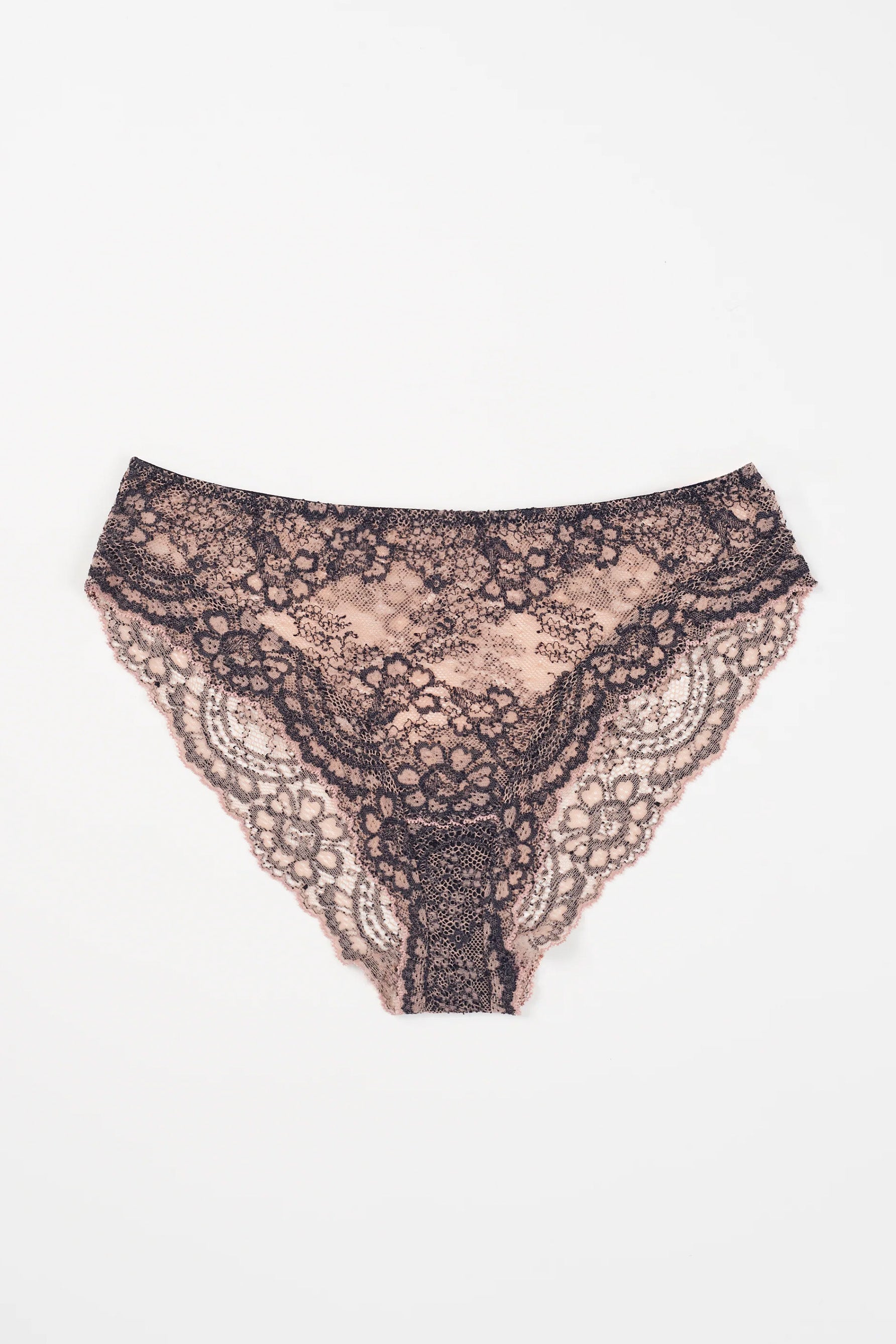 Else Farah mid rise brief in beige, taupe and gray floral lace. Shown flat on plain white background.