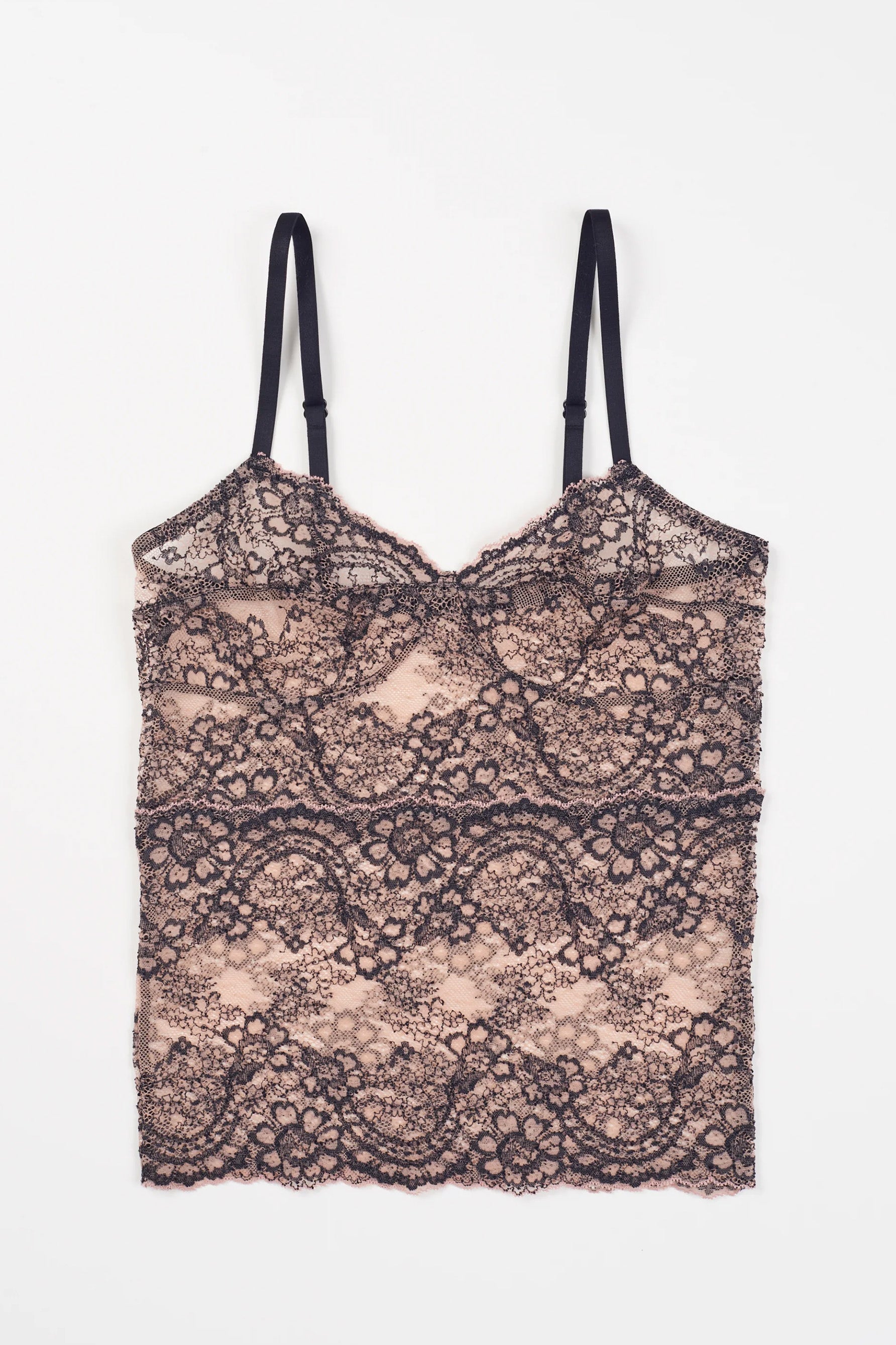 Else Farah lace camisole in black and beige shown flat on plain white background. Image shows the floral lace pattern with scalloped edge neckline and waistline. Spaghetti strap shoulders are adjustable. 